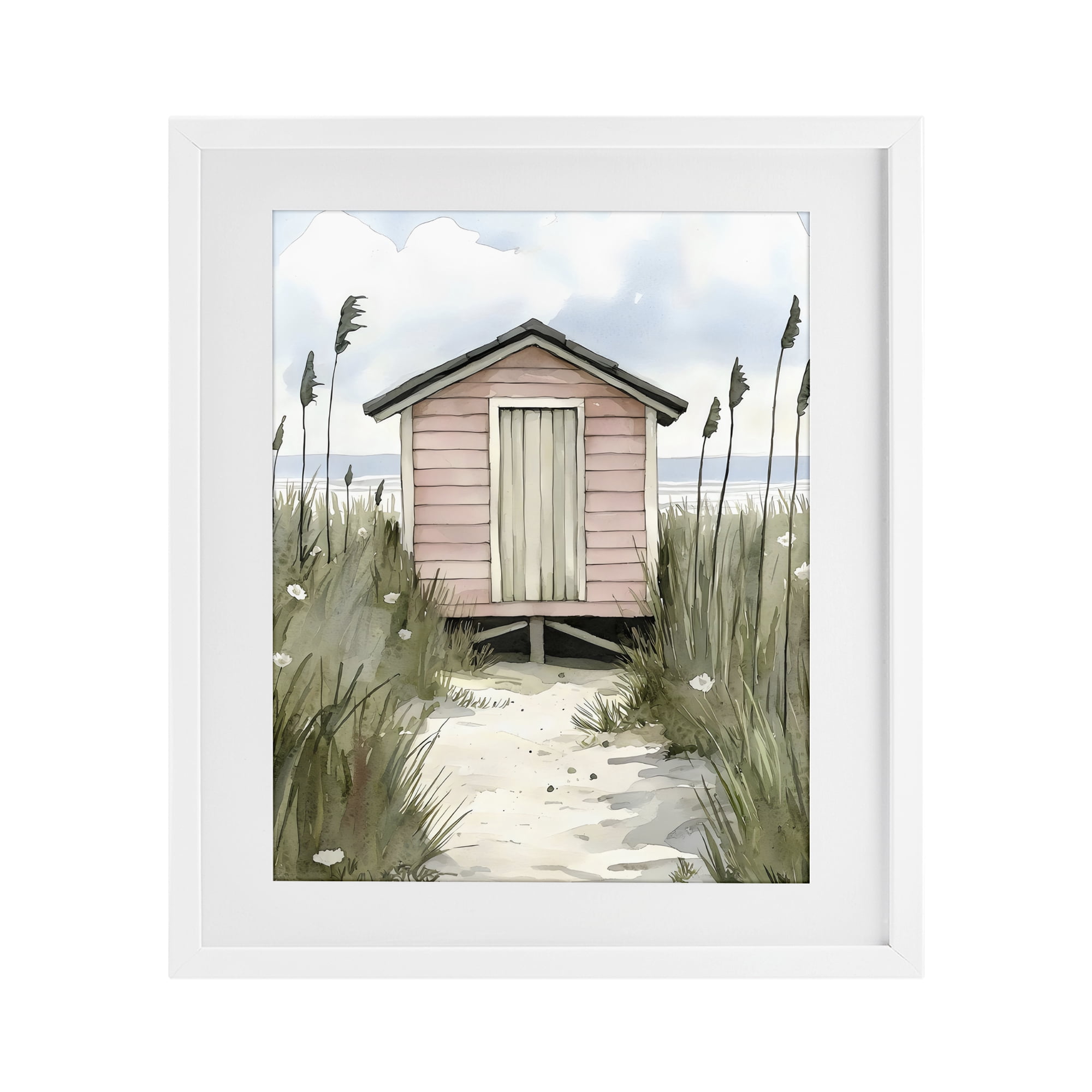 Stupell Industries Coastal Calm Pink Beach Hut White Framed Print Under Glass, design by Riley B