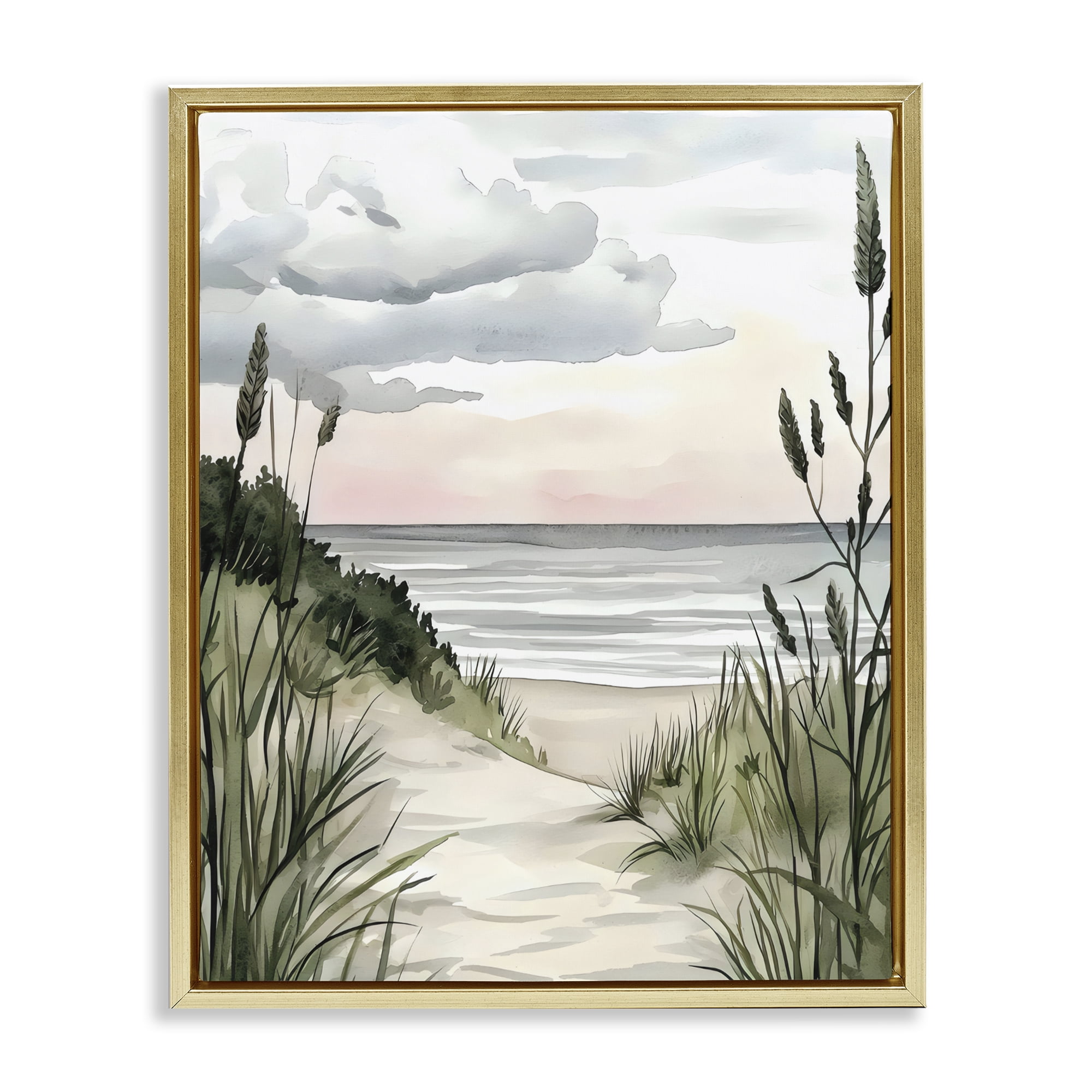 Stupell Industries Coastal Calm Seaside Dunes Gold Framed Floater Canvas Wall Art, design by Riley B