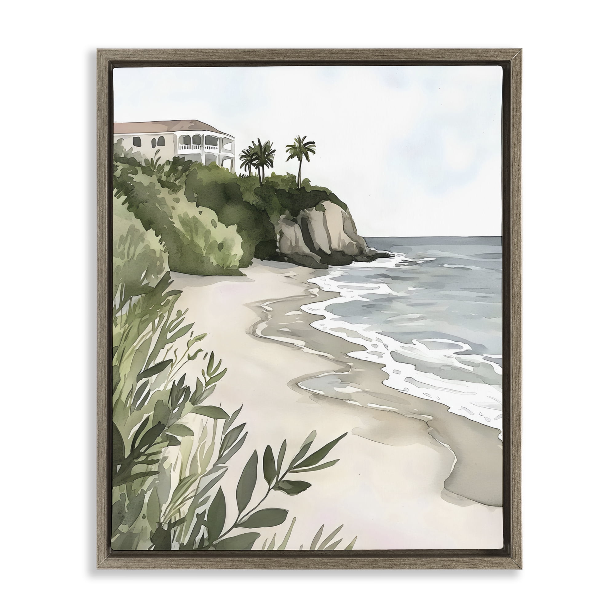 Stupell Industries Coastal Calm Villa on Bluff Brown Framed Floater Canvas Wall Art, design by Riley B