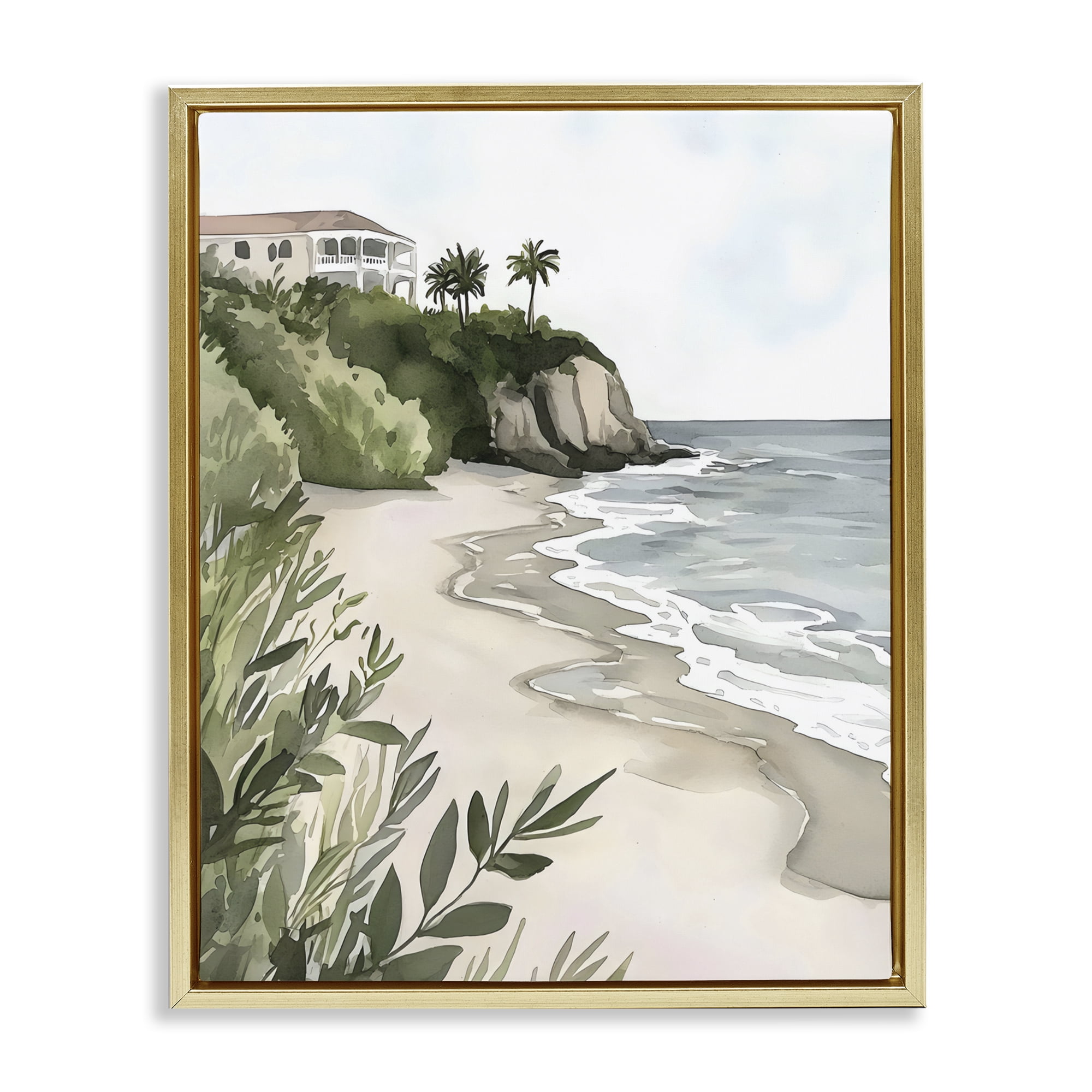 Stupell Industries Coastal Calm Villa on Bluff Gold Framed Floater Canvas Wall Art, design by Riley B