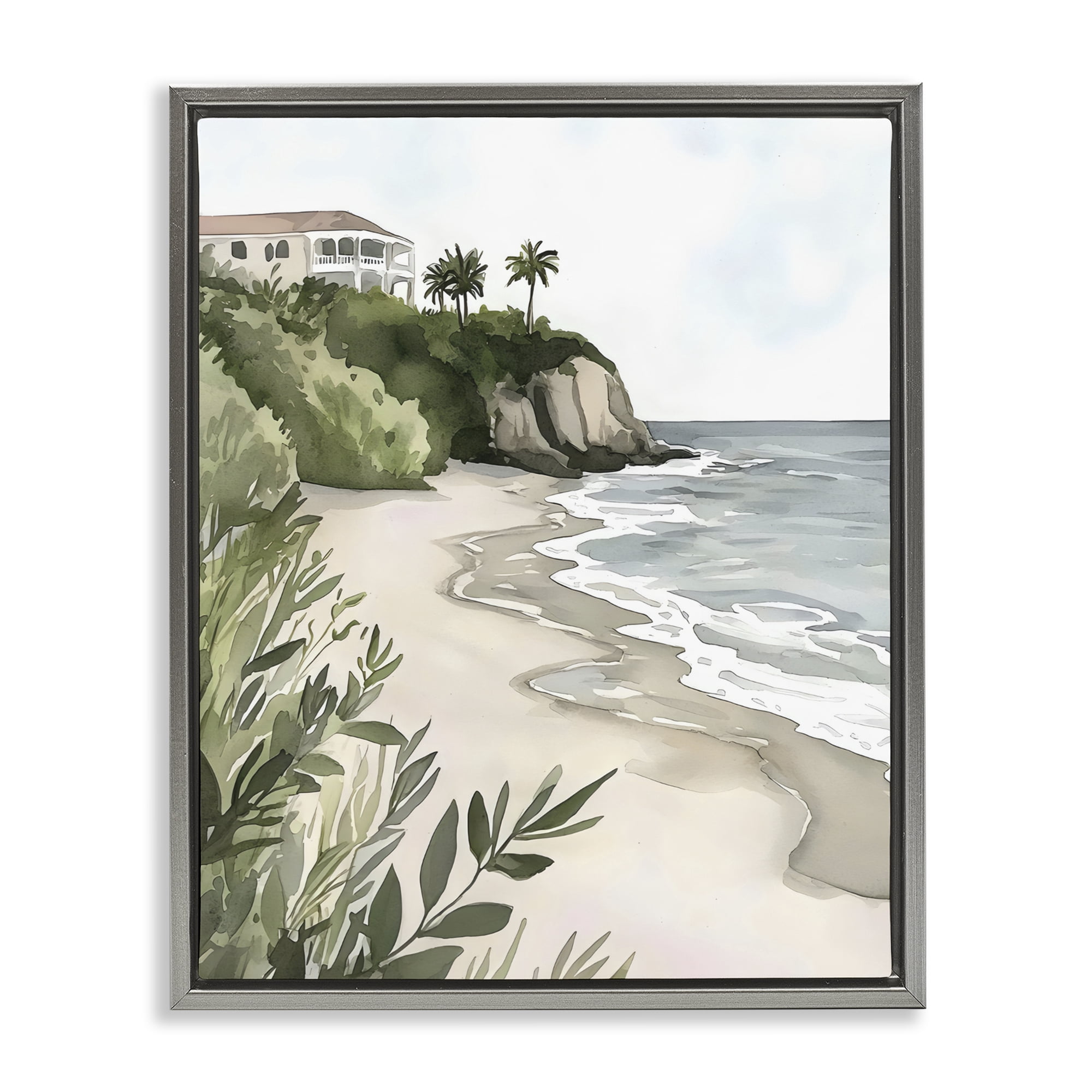 Stupell Industries Coastal Calm Villa on Bluff Gray Framed Floater Canvas Wall Art, design by Riley B