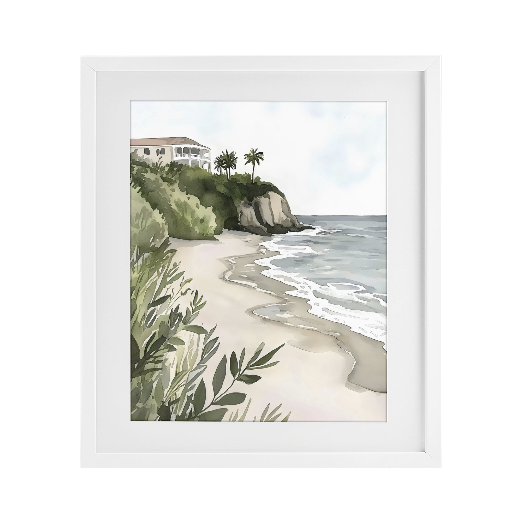 Stupell Industries Coastal Calm Villa on Bluff White Framed Print Under Glass, design by Riley B