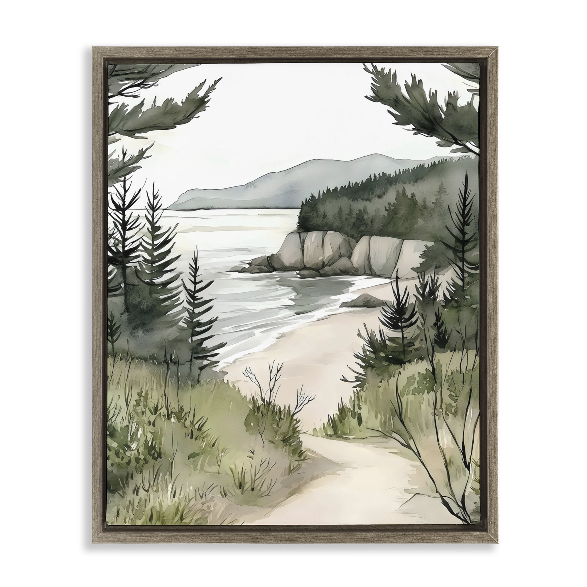 Stupell Industries Coastal Calm Winding Path Brown Framed Floater Canvas Wall Art, design by Riley B