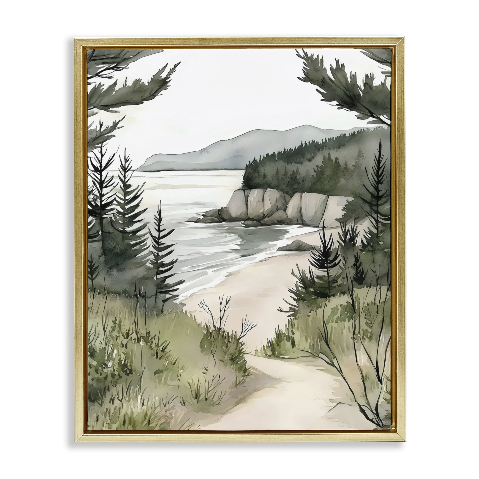 Stupell Industries Coastal Calm Winding Path Gold Framed Floater Canvas Wall Art, design by Riley B