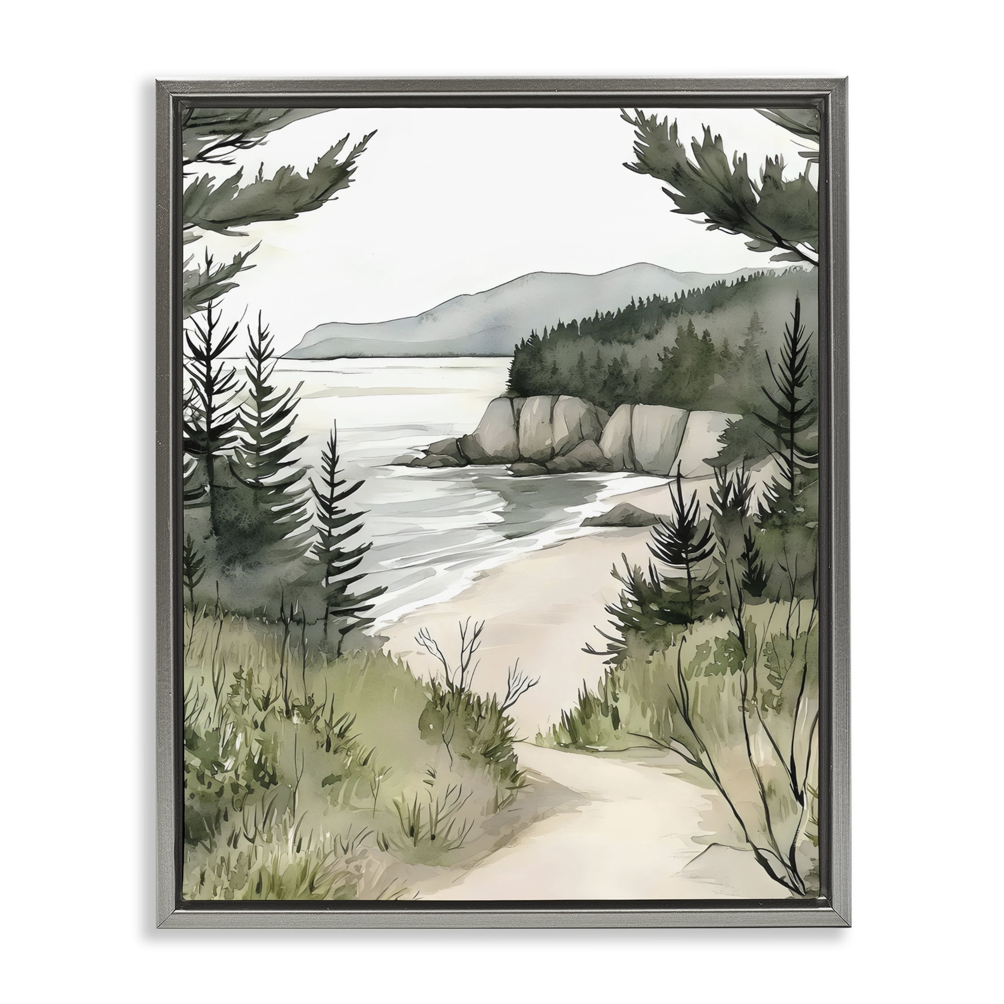 Stupell Industries Coastal Calm Winding Path Gray Framed Floater Canvas Wall Art, design by Riley B