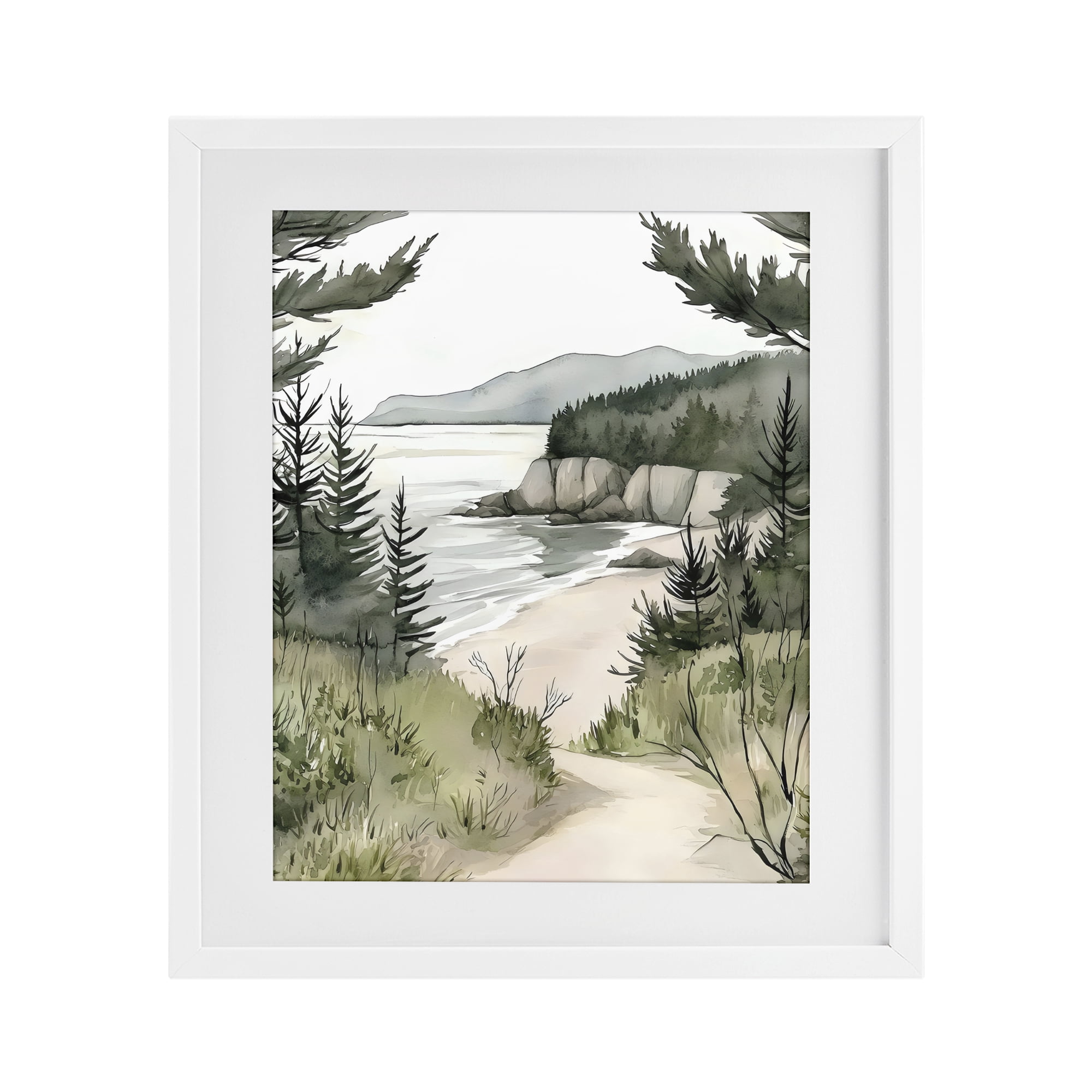 Stupell Industries Coastal Calm Winding Path White Framed Print Under Glass, design by Riley B