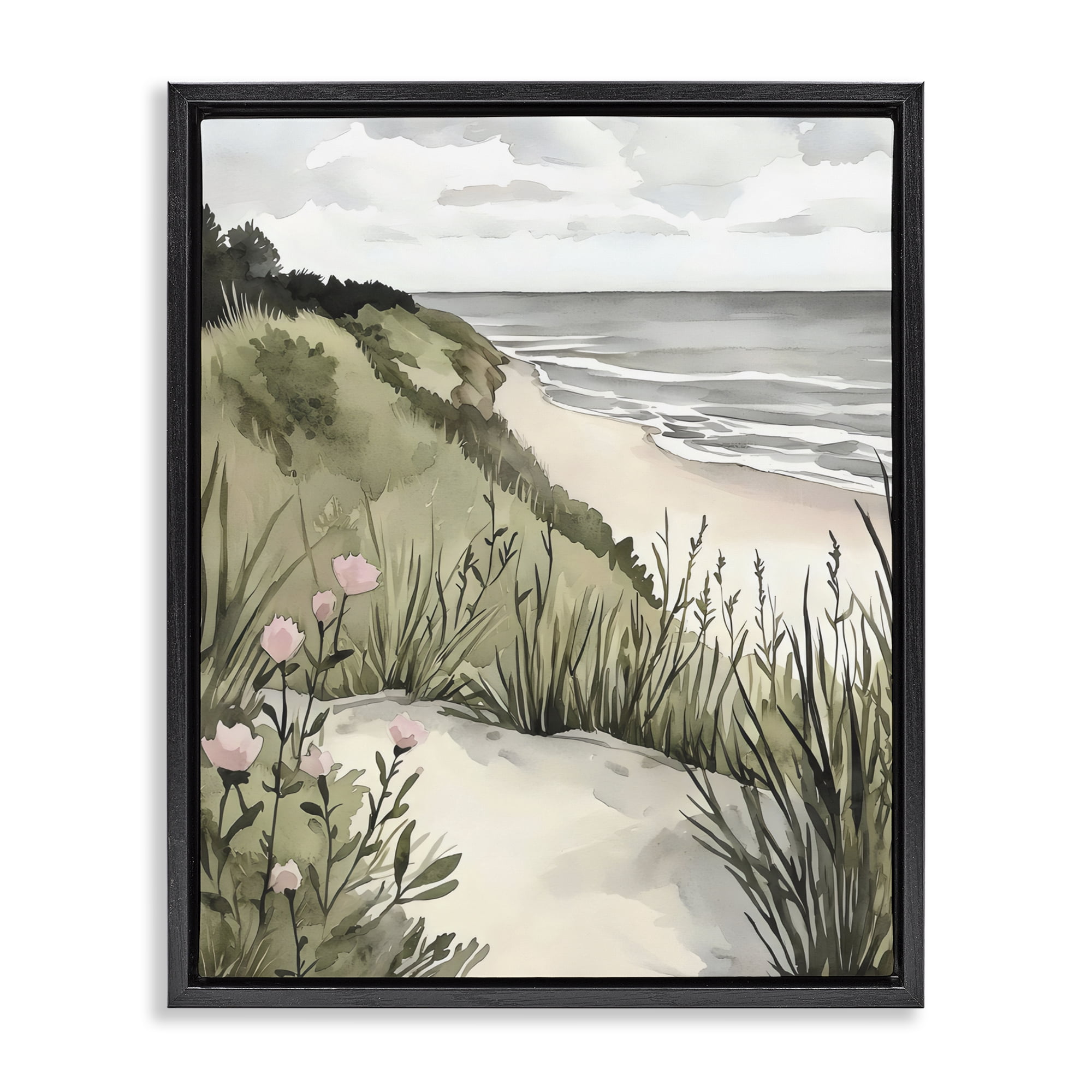 Stupell Industries Coastal Calm on Sandy Dunes Black Framed Floater Canvas Wall Art, design by Riley B