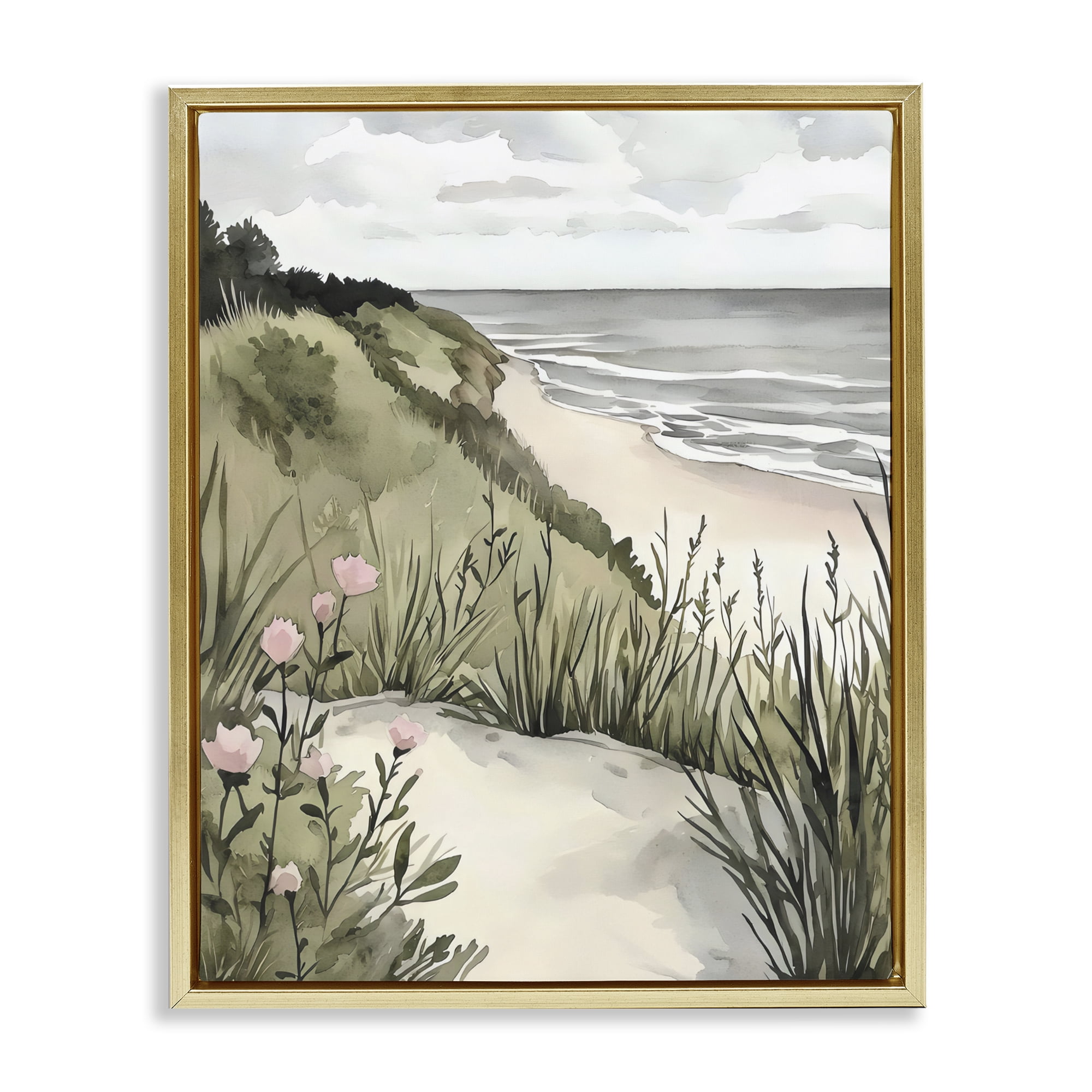 Stupell Industries Coastal Calm on Sandy Dunes Gold Framed Floater Canvas Wall Art, design by Riley B
