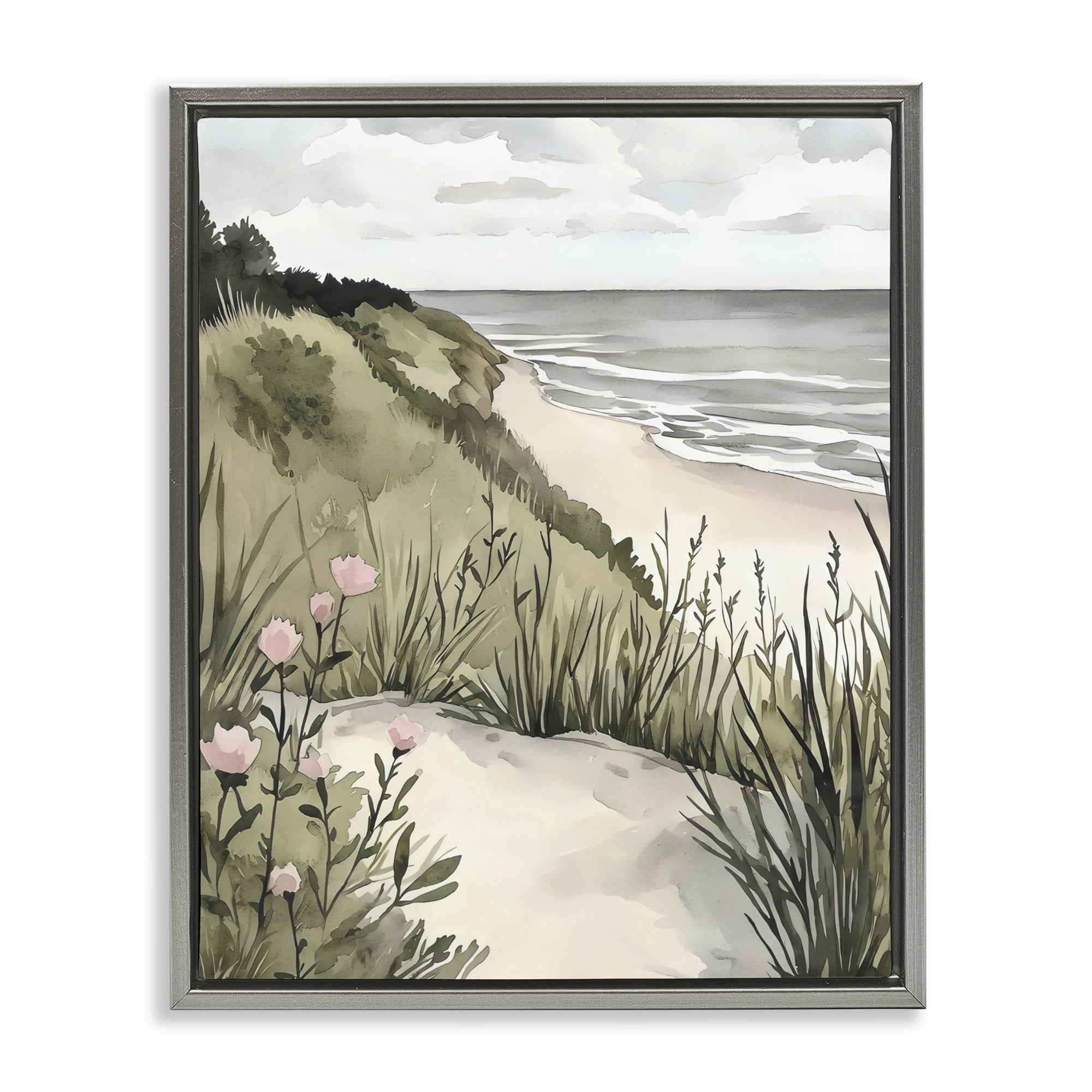Stupell Industries Coastal Calm on Sandy Dunes Gray Framed Floater Canvas Wall Art, design by Riley B