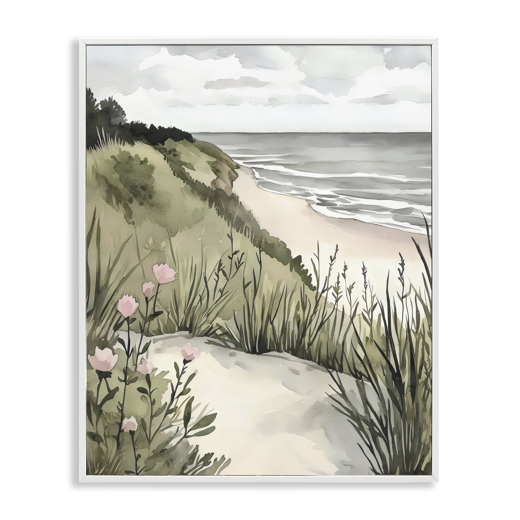 Stupell Industries Coastal Calm on Sandy Dunes White Framed Giclee Art, design by Riley B