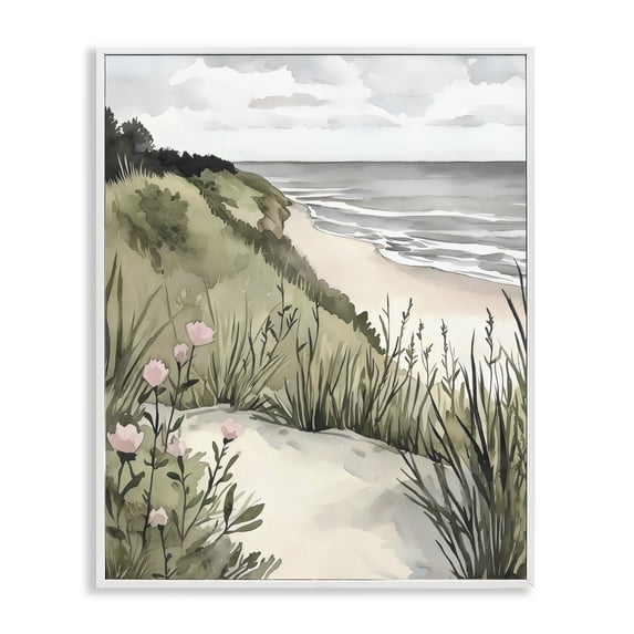 Stupell Industries Tropical Coastal Calm on Sandy Dunes White Framed Giclee Art, 24 x 30, by Riley B