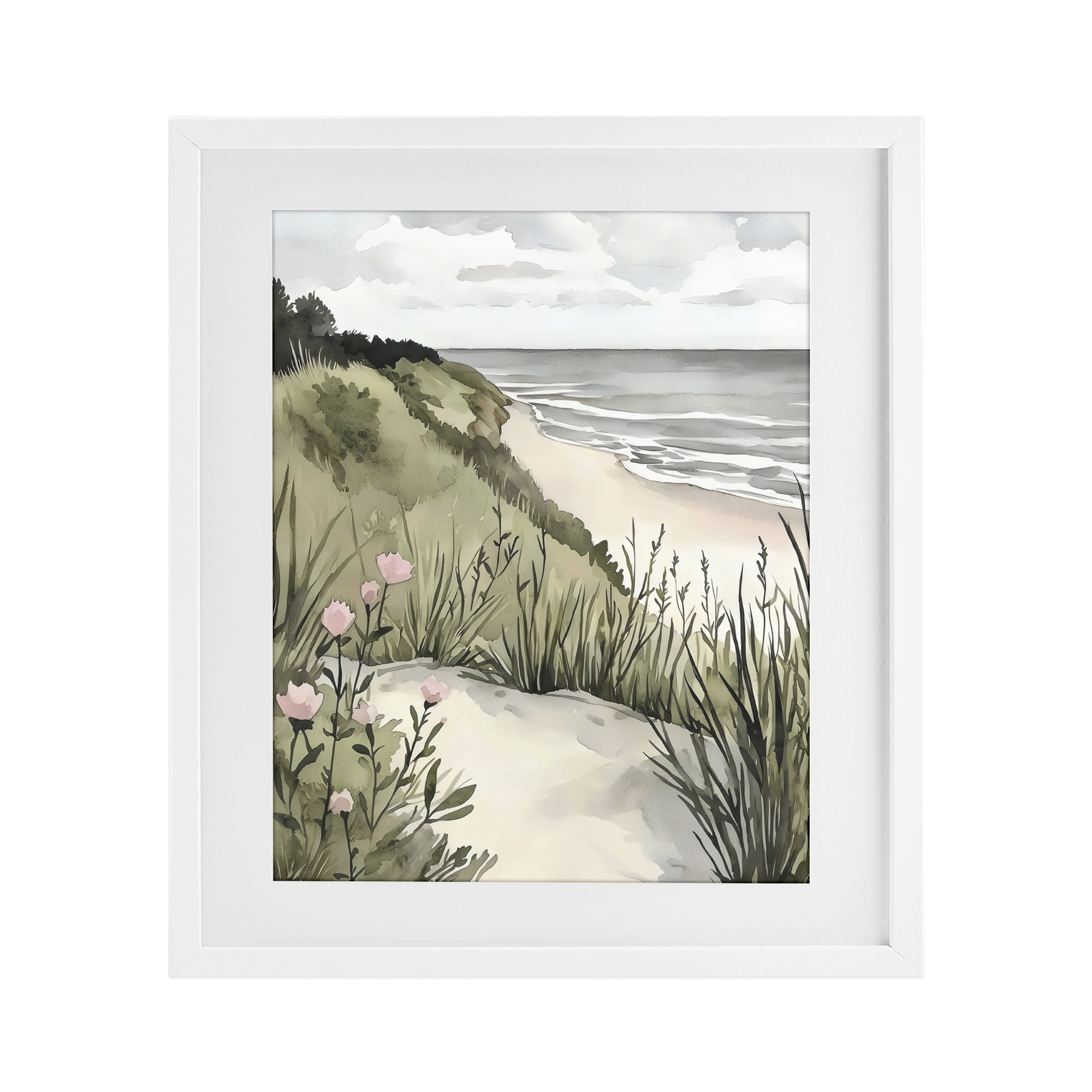 Stupell Industries Coastal Calm on Sandy Dunes White Framed Print Under Glass, design by Riley B