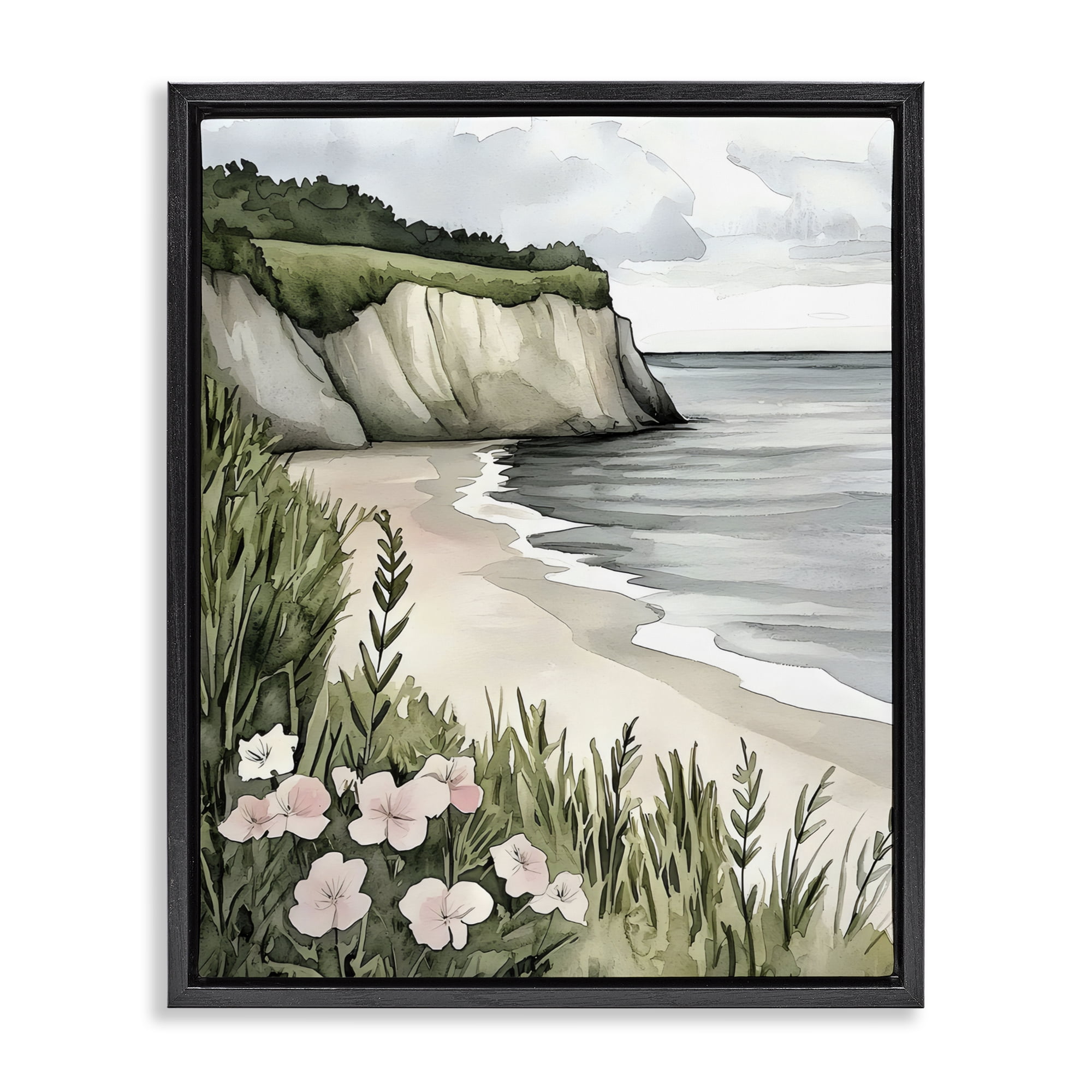 Stupell Industries Coastal Calm with Floral Blooms Black Framed Floater Canvas Wall Art, design by Riley B