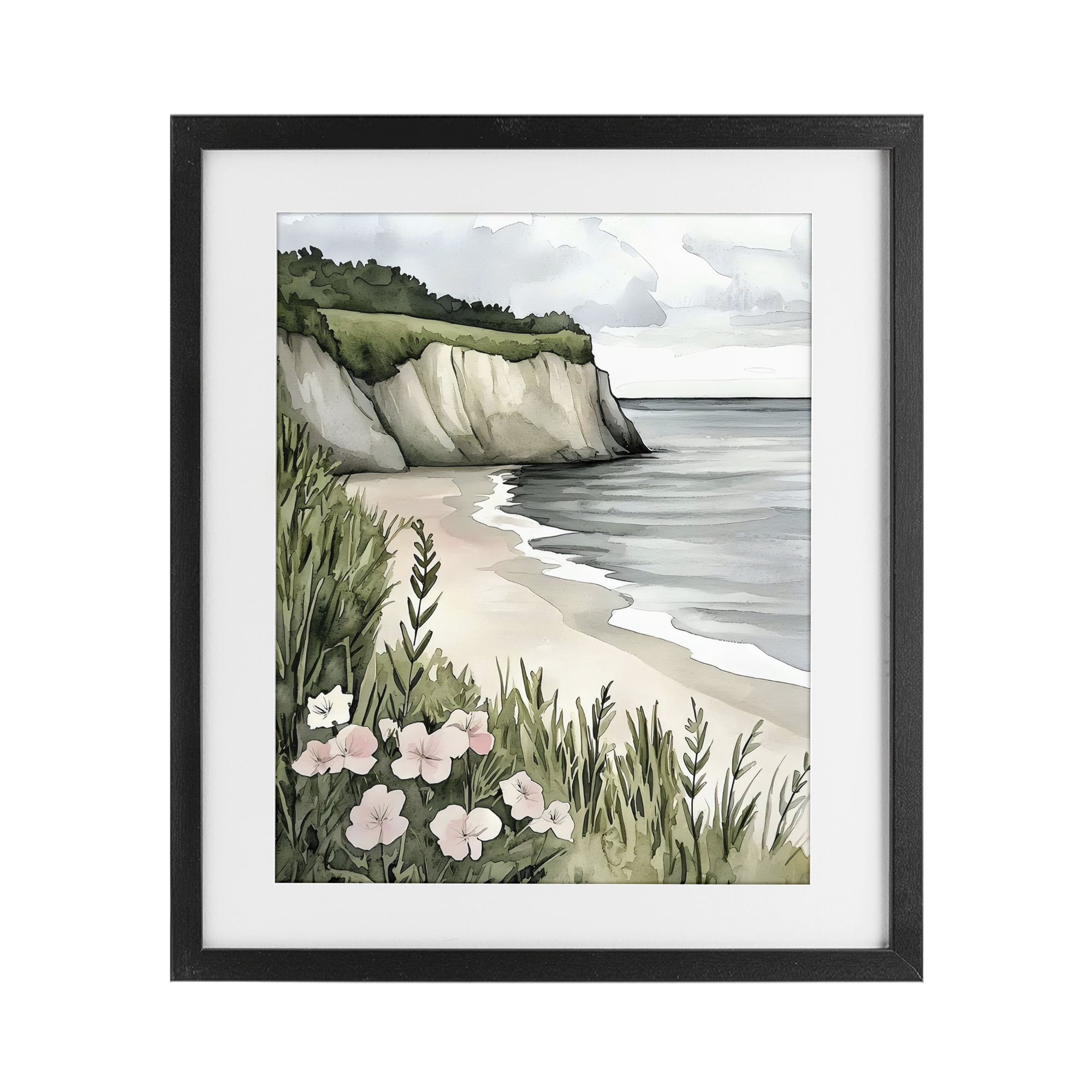 Stupell Industries Coastal Calm with Floral Blooms Black Framed Print Under Glass, design by Riley B