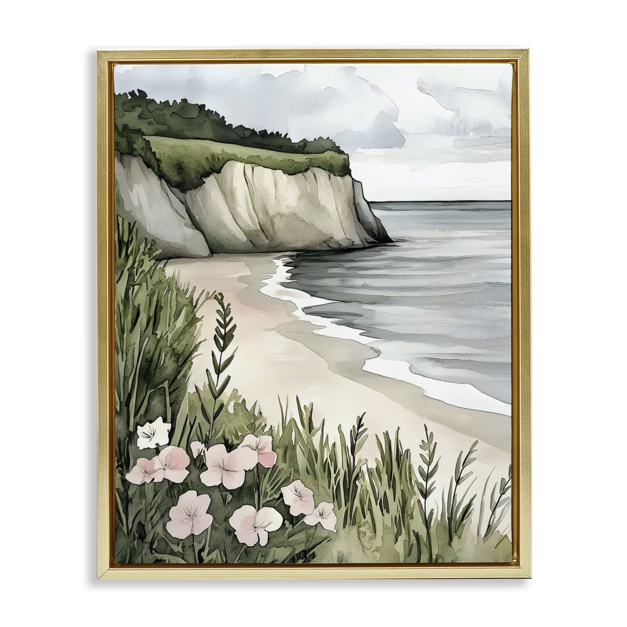 Stupell Industries Coastal Calm with Floral Blooms Gold Framed Floater Canvas Wall Art, design by Riley B