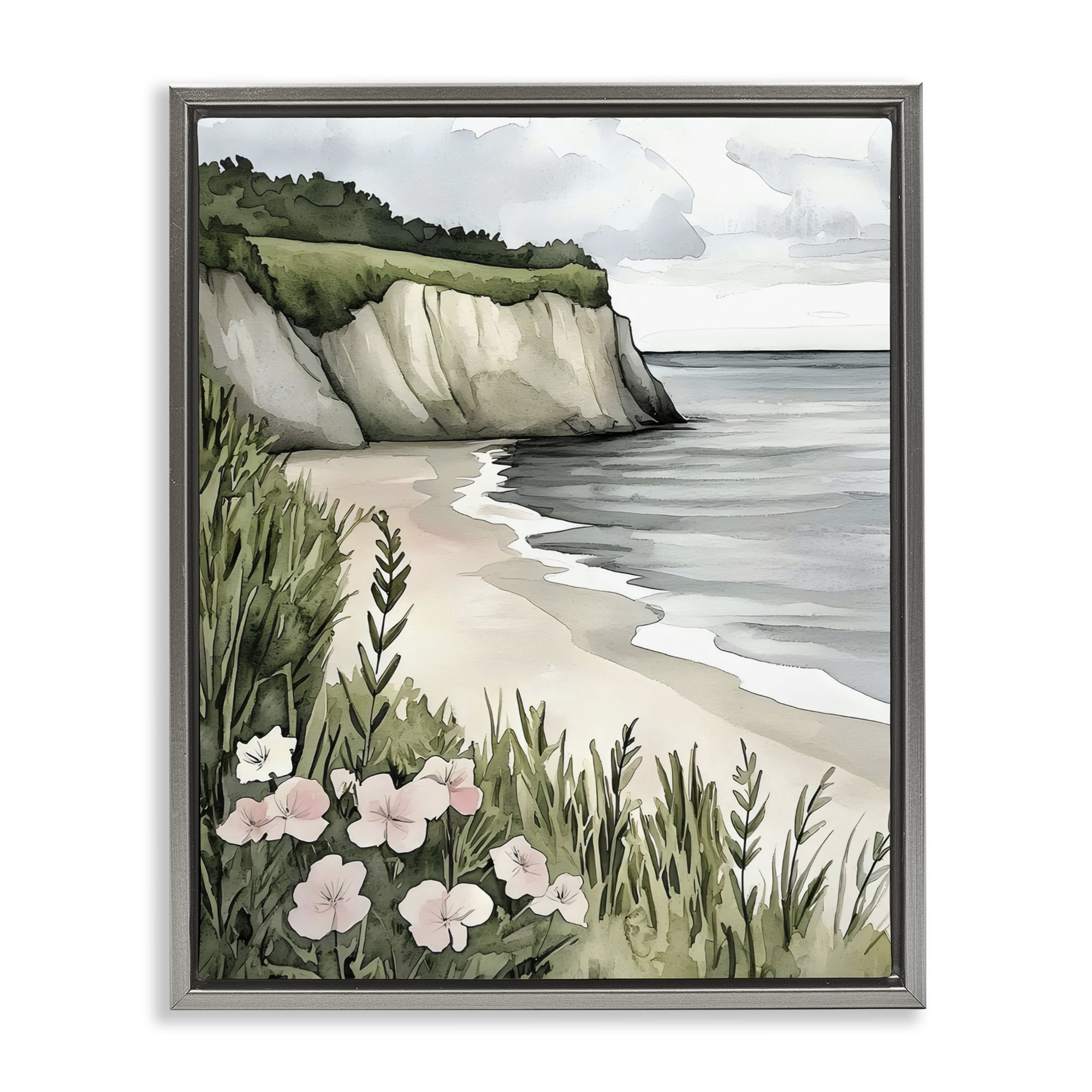 Stupell Industries Coastal Calm with Floral Blooms Gray Framed Floater Canvas Wall Art, design by Riley B