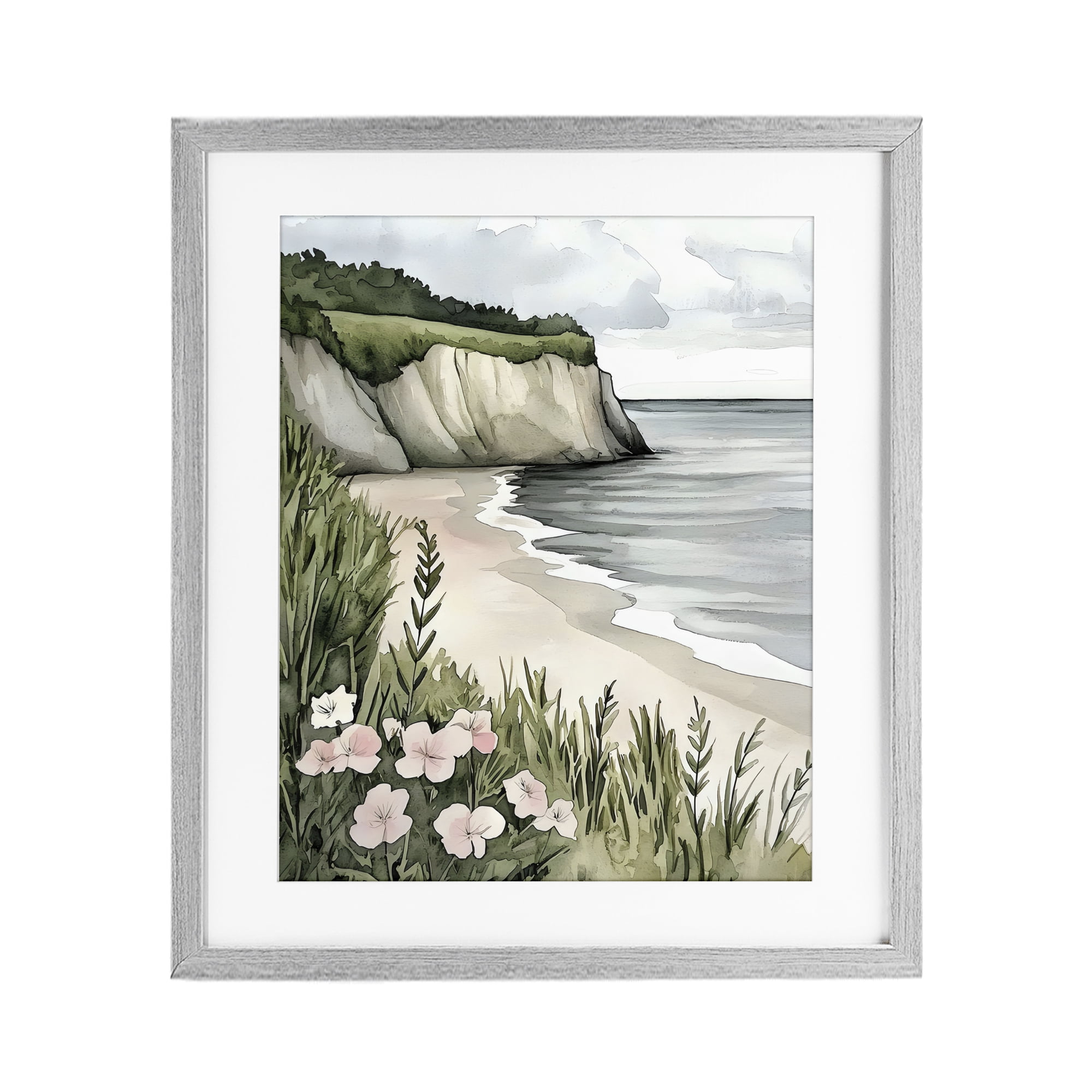 Stupell Industries Coastal Calm with Floral Blooms Gray Framed Print Under Glass, design by Riley B