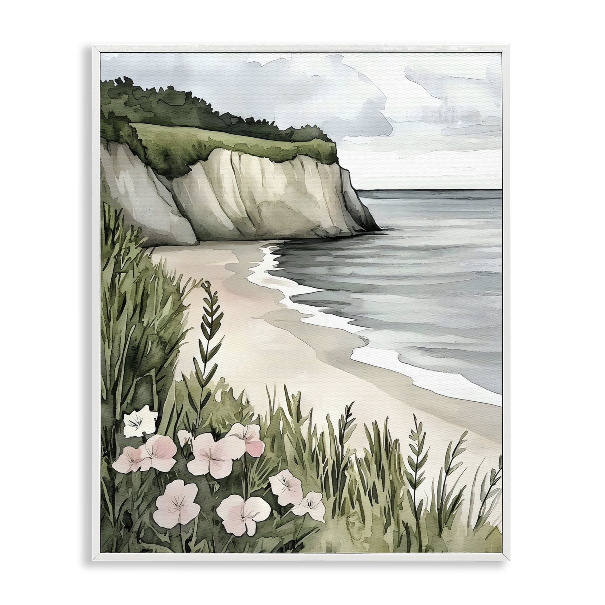 Stupell Industries Coastal Calm with Floral Blooms White Framed Giclee Art, design by Riley B