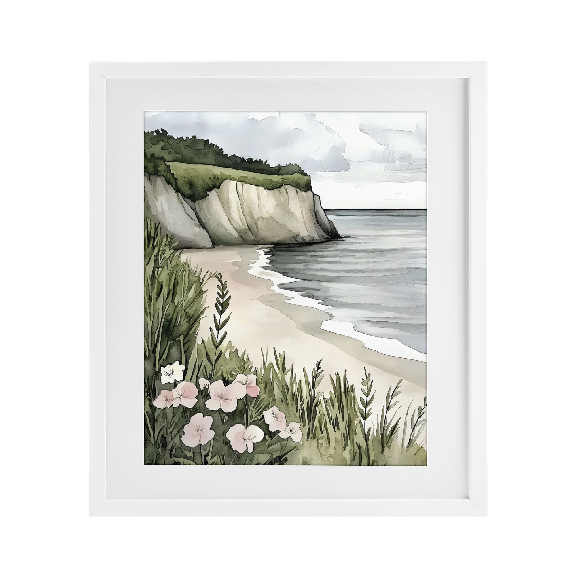 Stupell Industries Coastal Calm with Floral Blooms White Framed Print Under Glass, design by Riley B