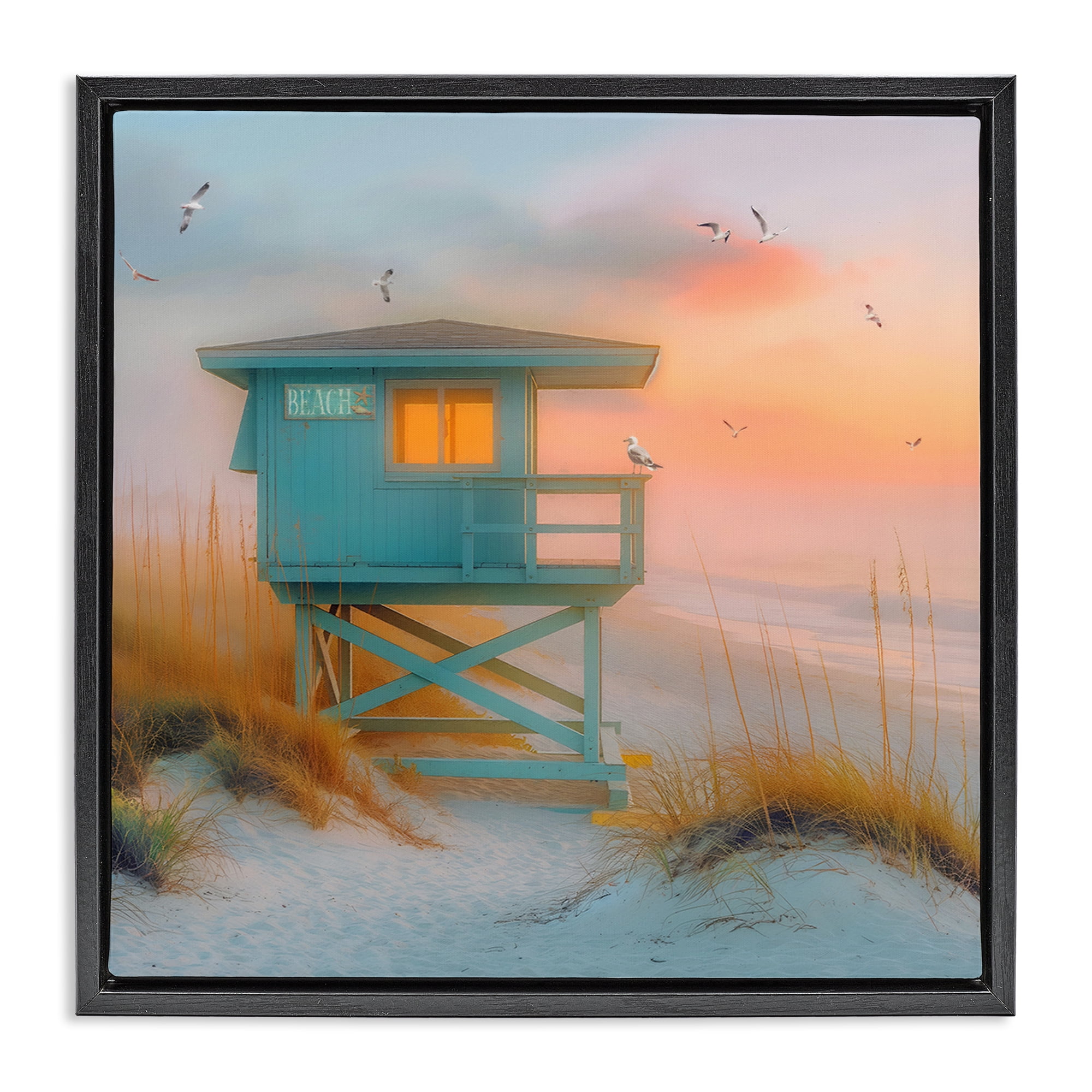 Stupell Industries Coastal Charm Beach Coastal Painting Black Floater Framed Canvas Art Print Wall Art, 18 x 18