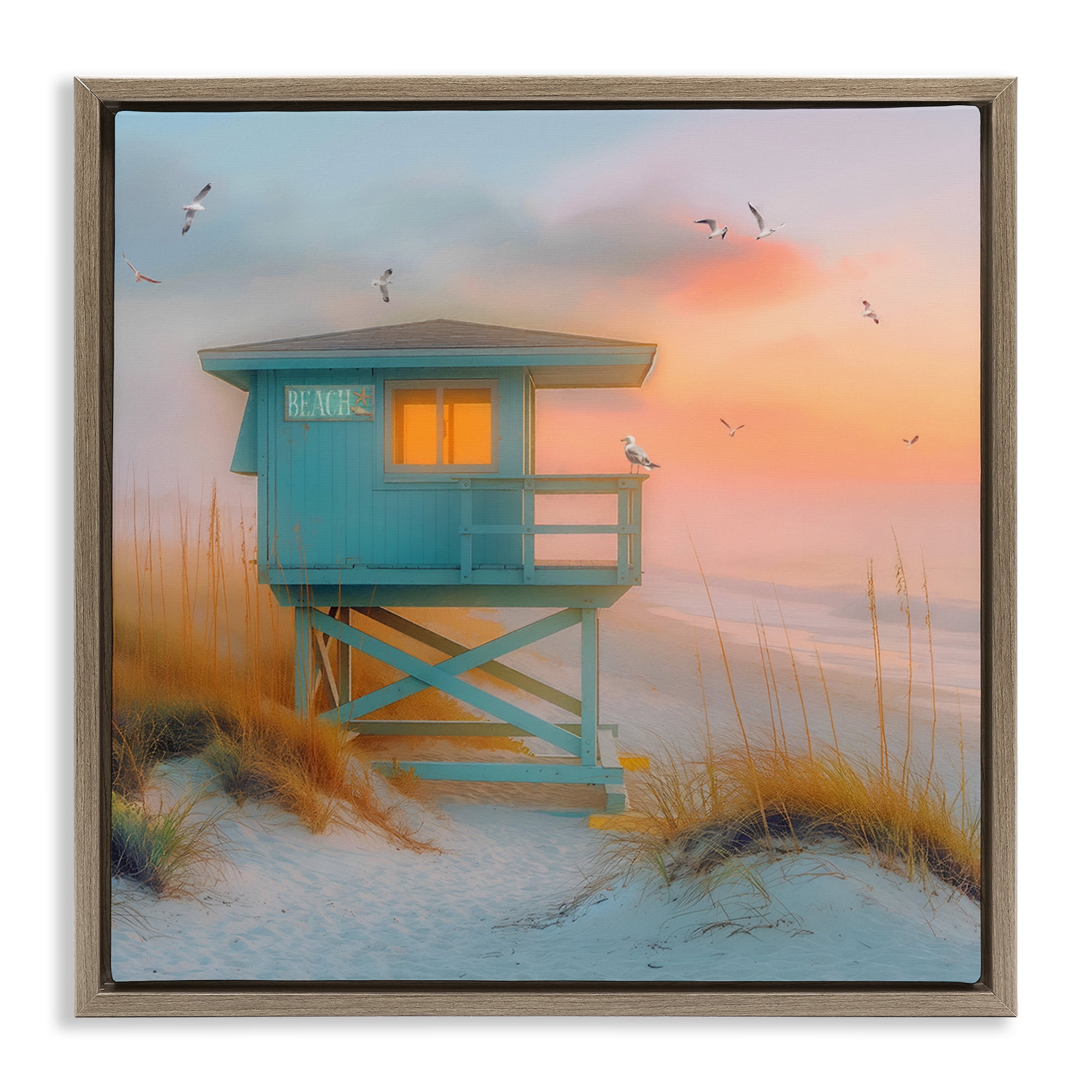 Stupell Industries Coastal Charm Beach Coastal Painting Brown Floater Framed Canvas Art Print Wall Art, 18 x 18