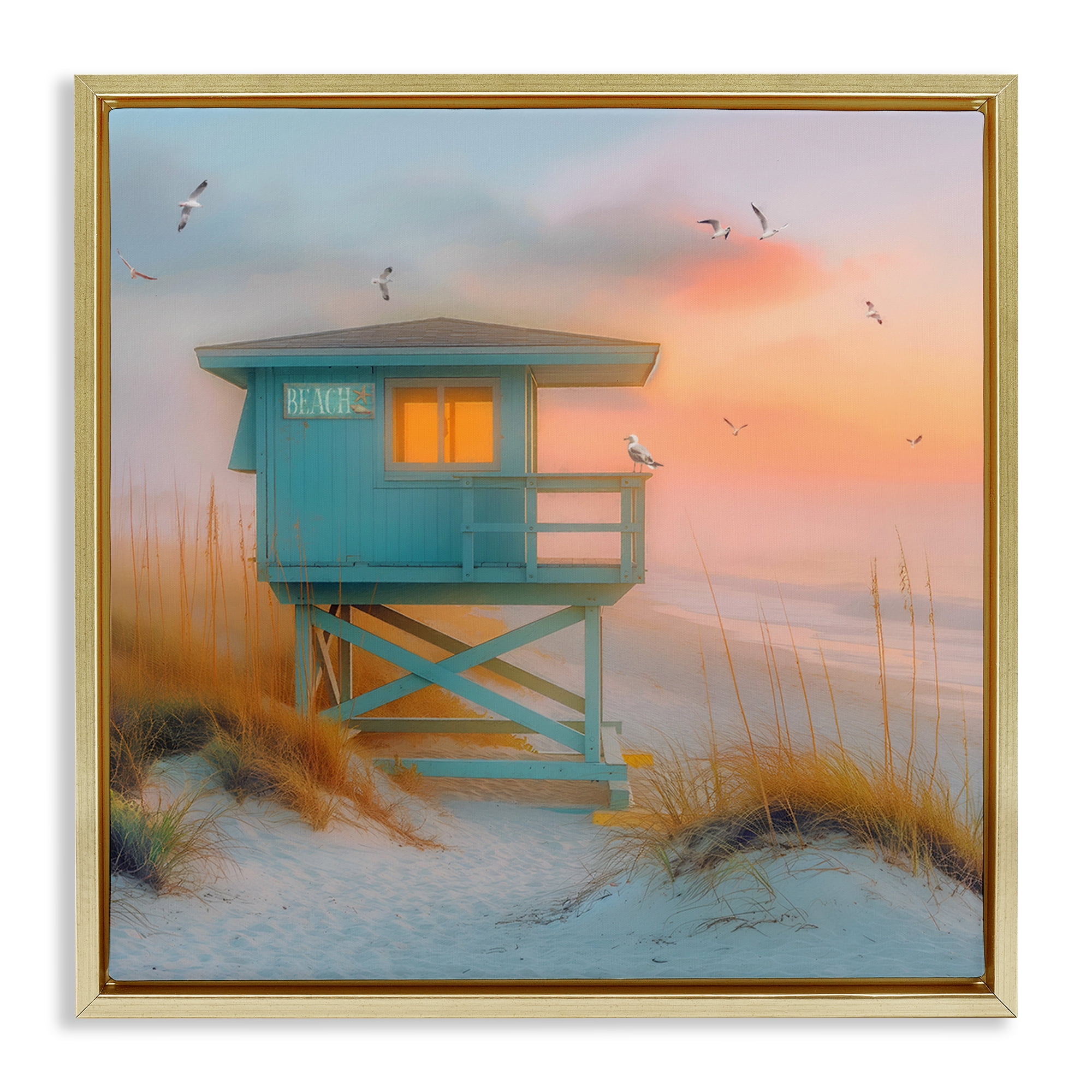 Stupell Industries Coastal Charm Beach Coastal Painting Gold Floater Framed Canvas Art Print Wall Art, 18 x 18