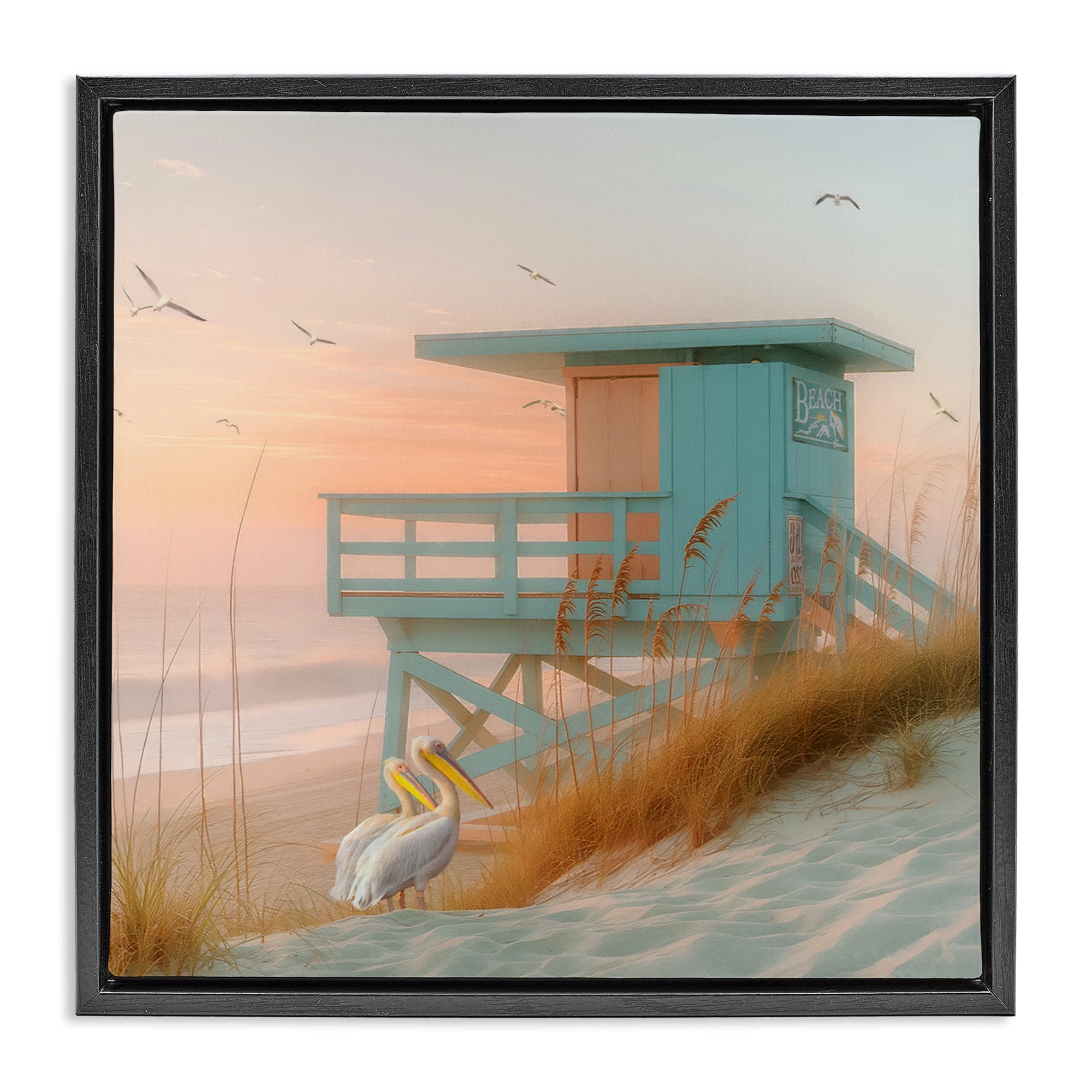 Stupell Industries Coastal Charm Beach Hut Coastal Painting Black Floater Framed Canvas Art Print Wall Art, 25 x 25