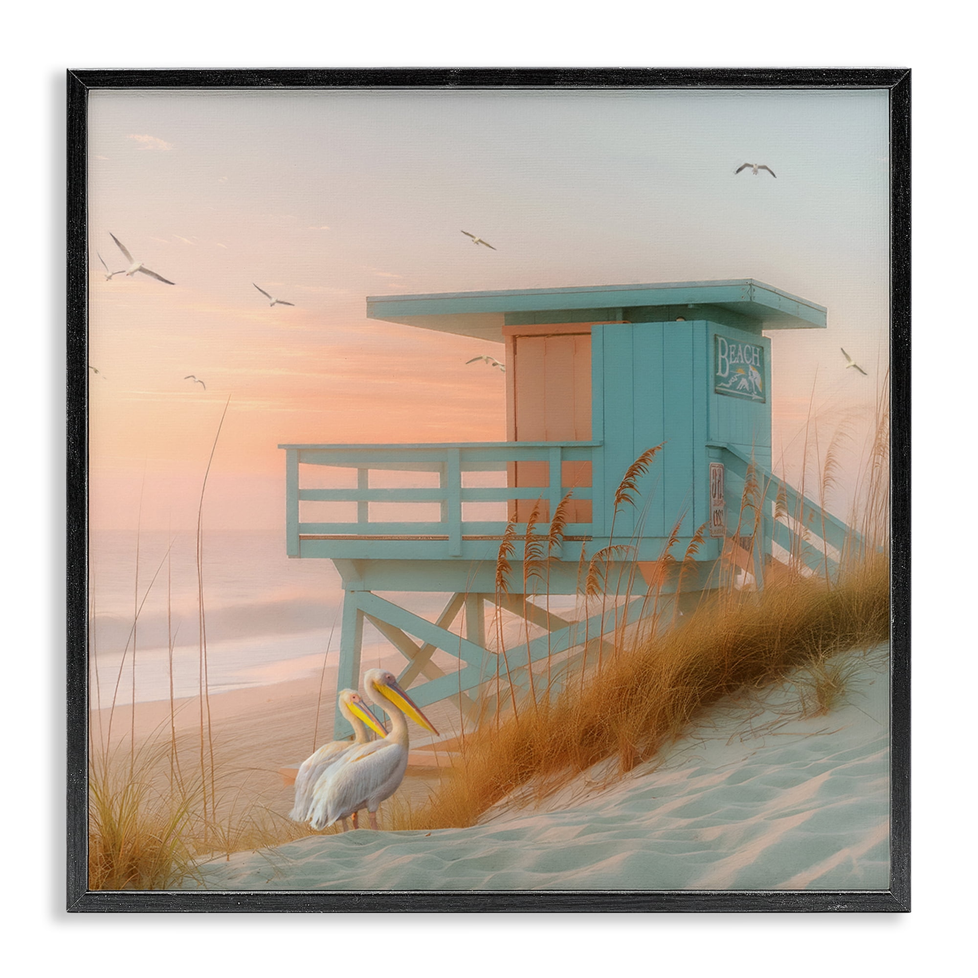 Stupell Industries Coastal Charm Beach Hut Coastal Painting Black Framed Art Print Wall Art, 17 x 17