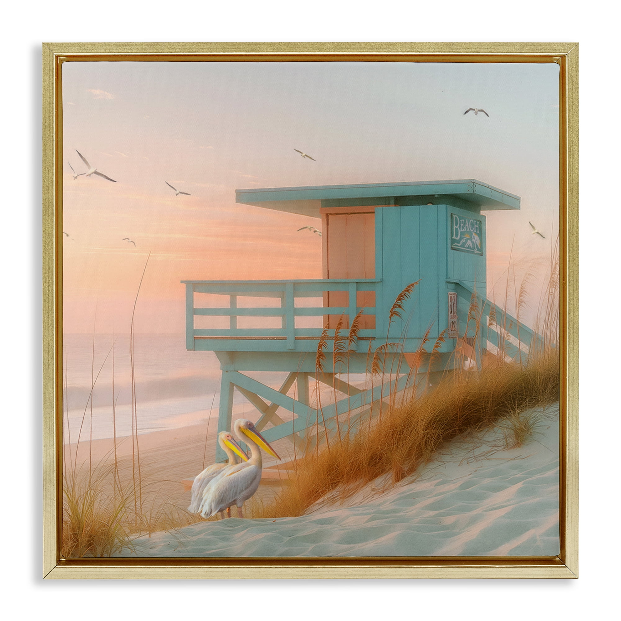 Stupell Industries Coastal Charm Beach Hut Coastal Painting Gold Floater Framed Canvas Art Print Wall Art, 18 x 18