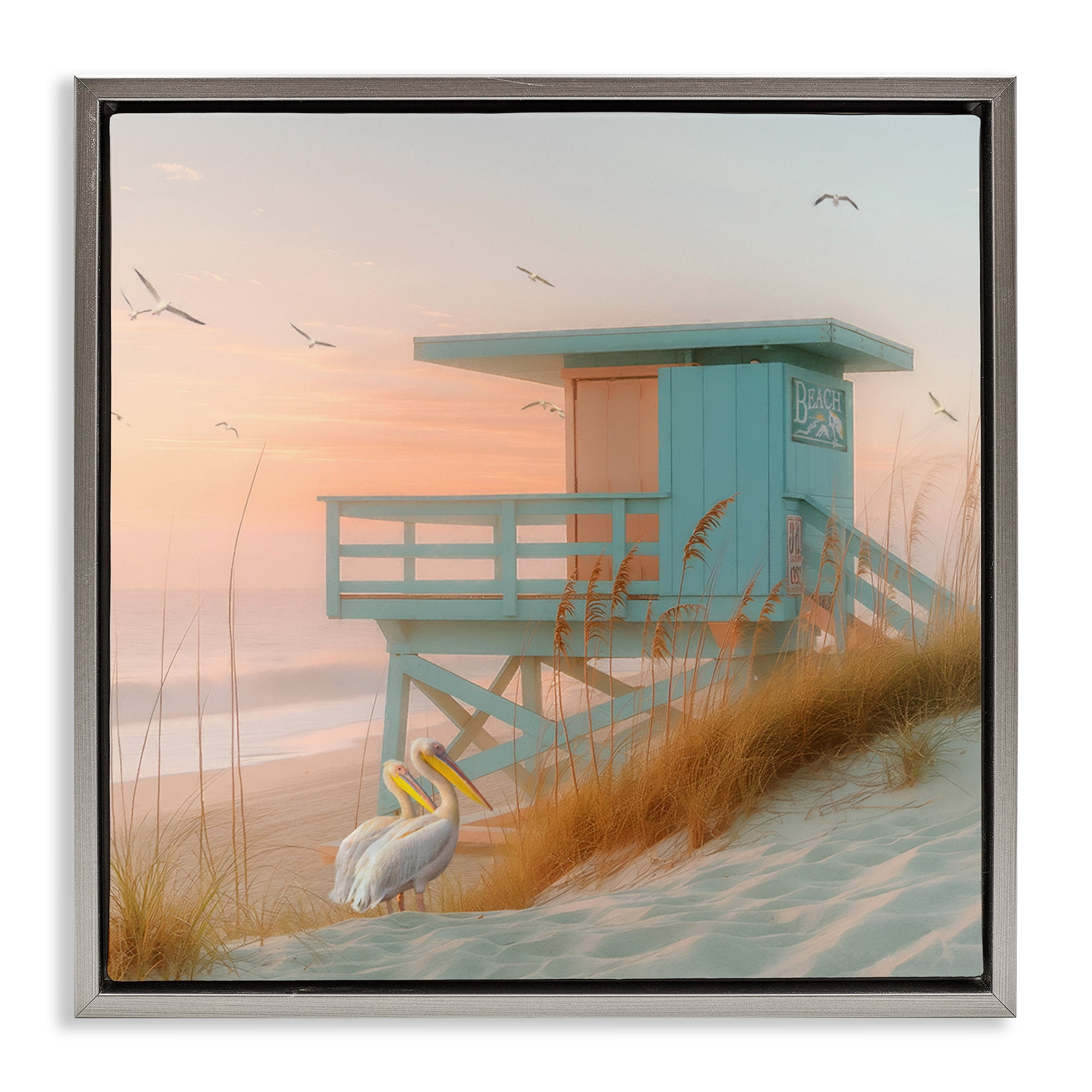 Stupell Industries Coastal Charm Beach Hut Coastal Painting Gray Floater Framed Canvas Art Print Wall Art, 18 x 18