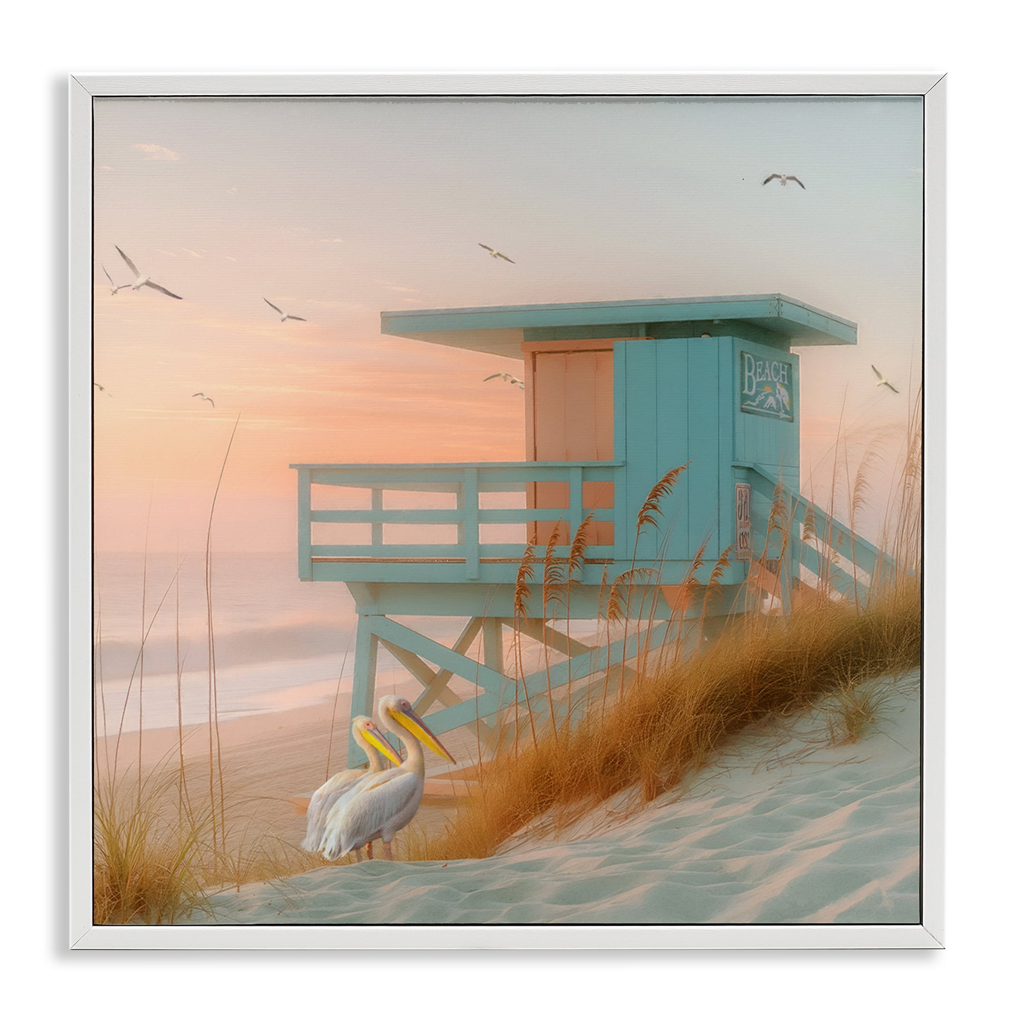 Stupell Industries Coastal Charm Beach Hut Coastal Painting White Framed Art Print Wall Art, 17 x 17