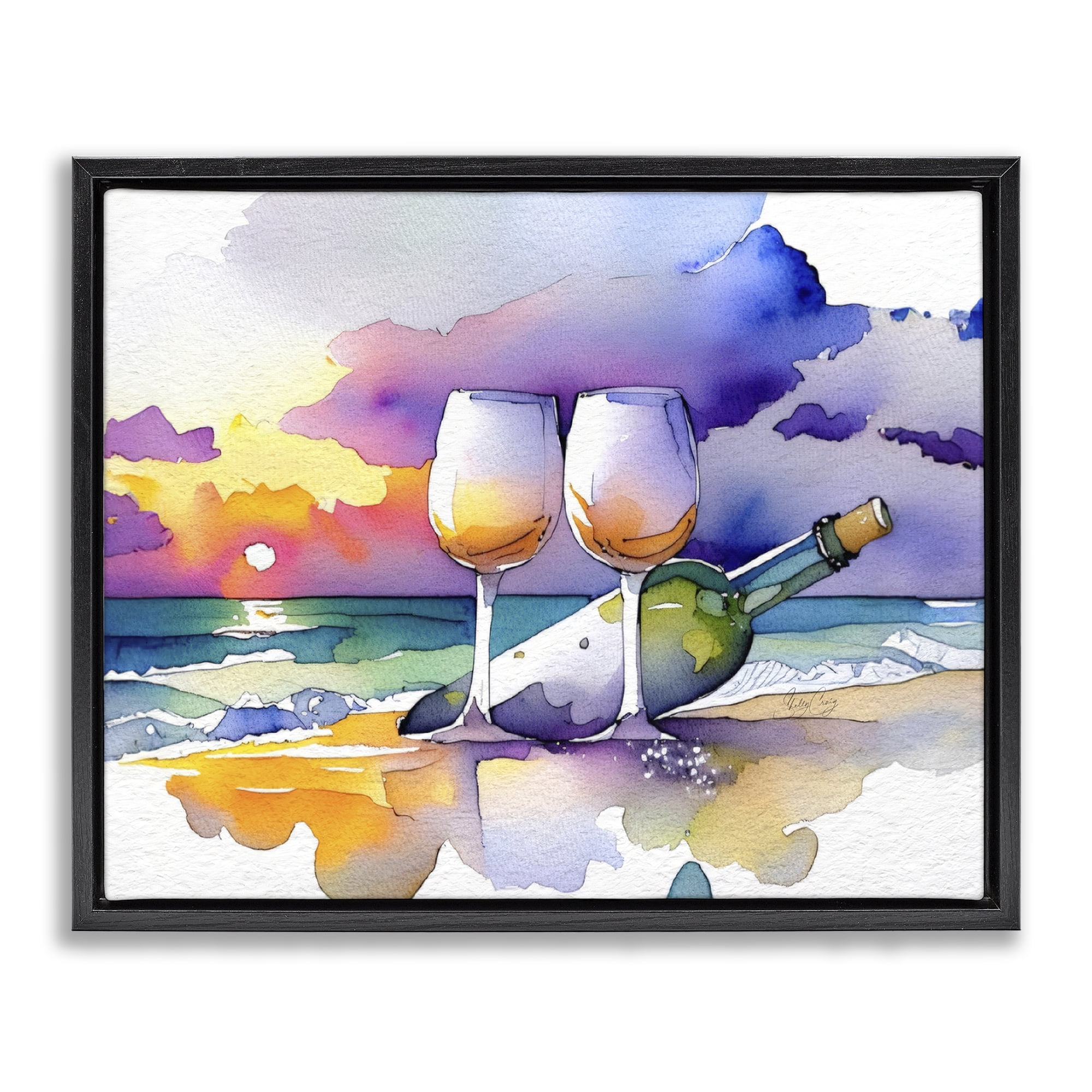 Stupell Industries Coastal Cheers with Wine Black Framed Floater Canvas Wall Art, design by Shelly Craig
