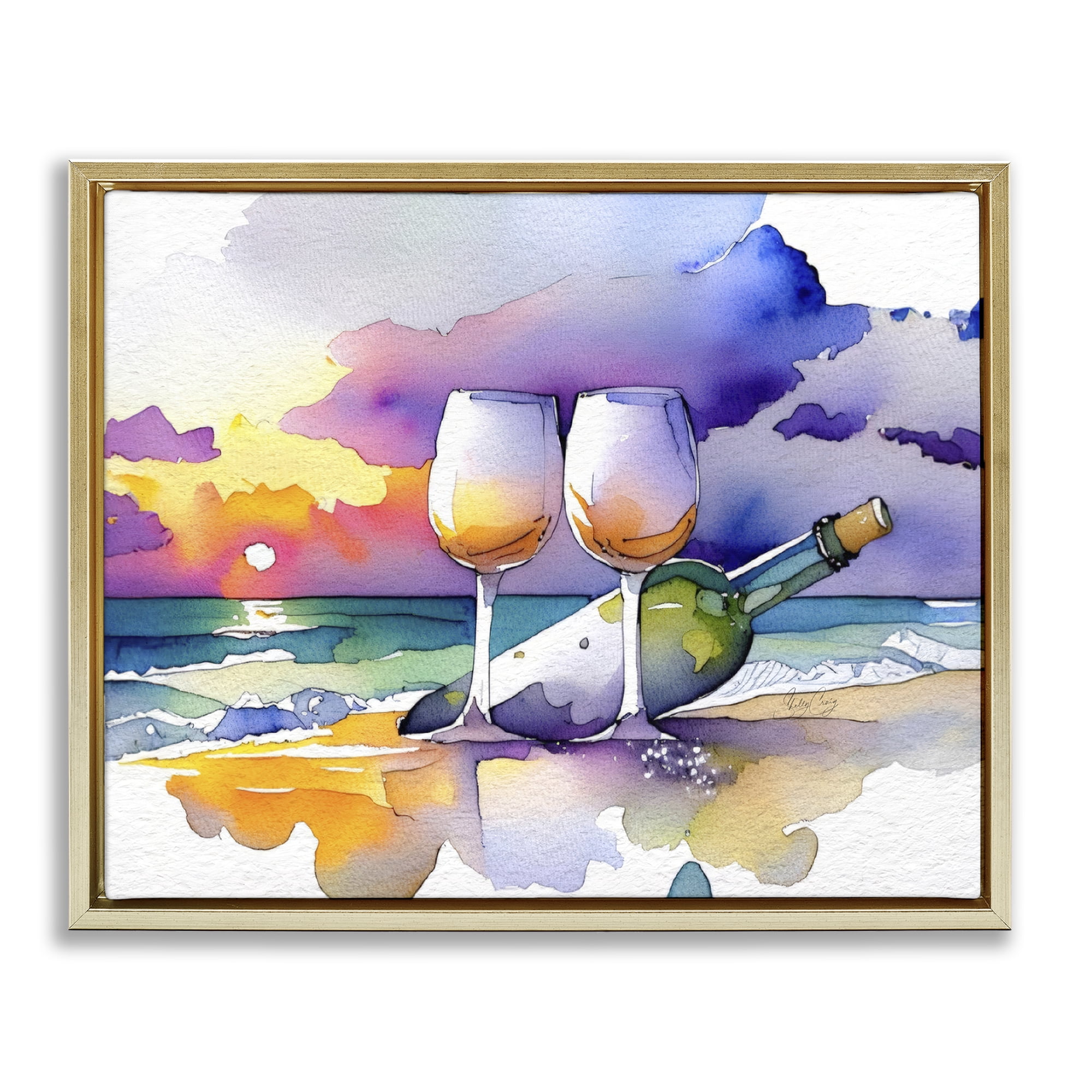 Stupell Industries Coastal Cheers with Wine Gold Framed Floater Canvas Wall Art, design by Shelly Craig