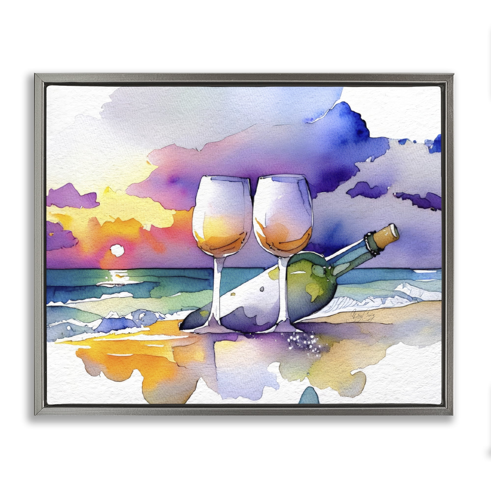 Stupell Industries Coastal Cheers with Wine Gray Framed Floater Canvas Wall Art, design by Shelly Craig