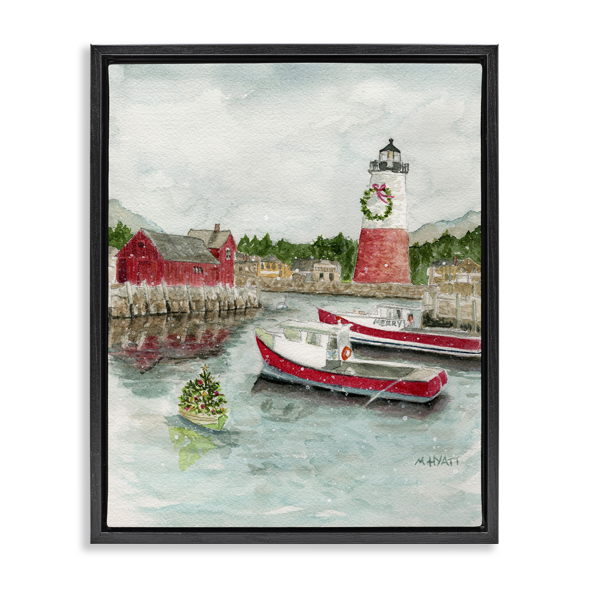 Stupell Industries Coastal Christmas Harbour Holiday Painting Black Floater Framed Art Print Wall Art, 25 x 31