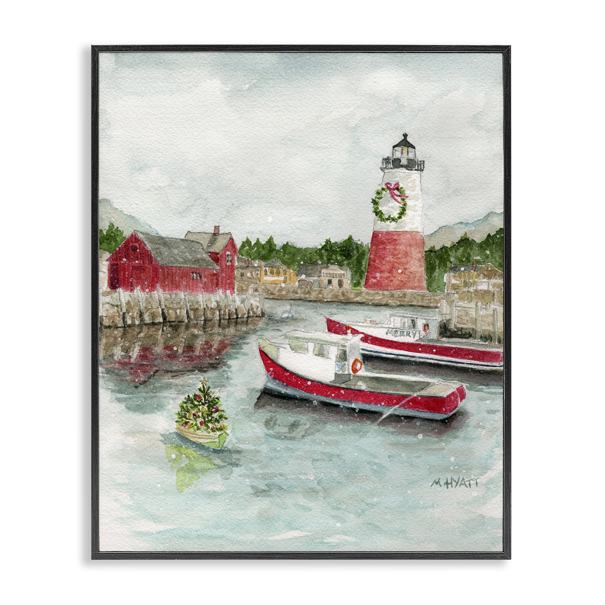 Stupell Industries Coastal Christmas Harbour Holiday Painting Black Framed Art Print Wall Art, 11 x 14