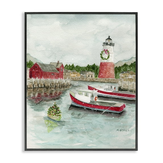 Stupell Industries Coastal Christmas Harbour Holiday Painting Black Framed Art Print Wall Art, 24 x 30