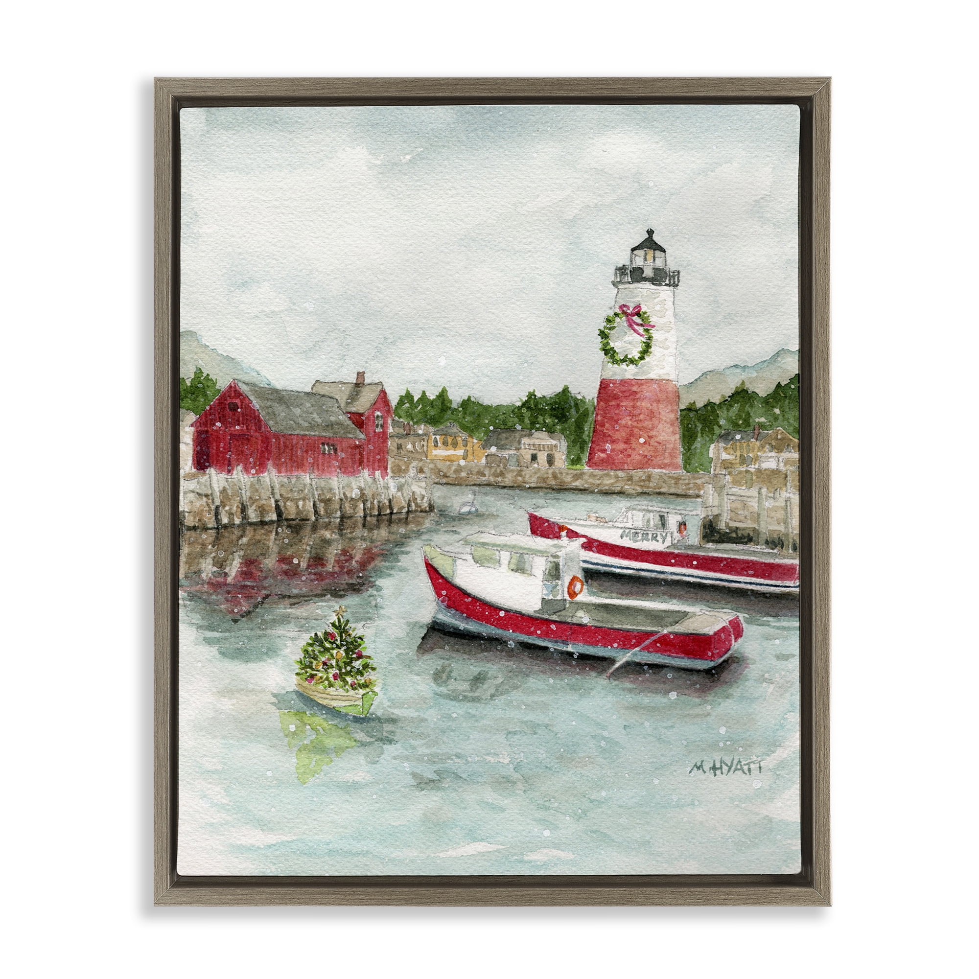 Stupell Industries Coastal Christmas Harbour Holiday Painting Brown Floater Framed Art Print Wall Art, 25 x 31