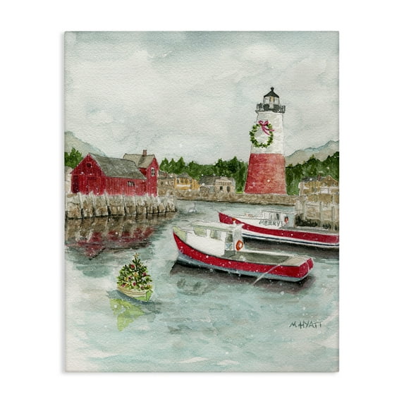 Stupell Industries Coastal Christmas Harbour Holiday Painting Gallery Wrapped Canvas Art Print Wall Art, 24 x 30