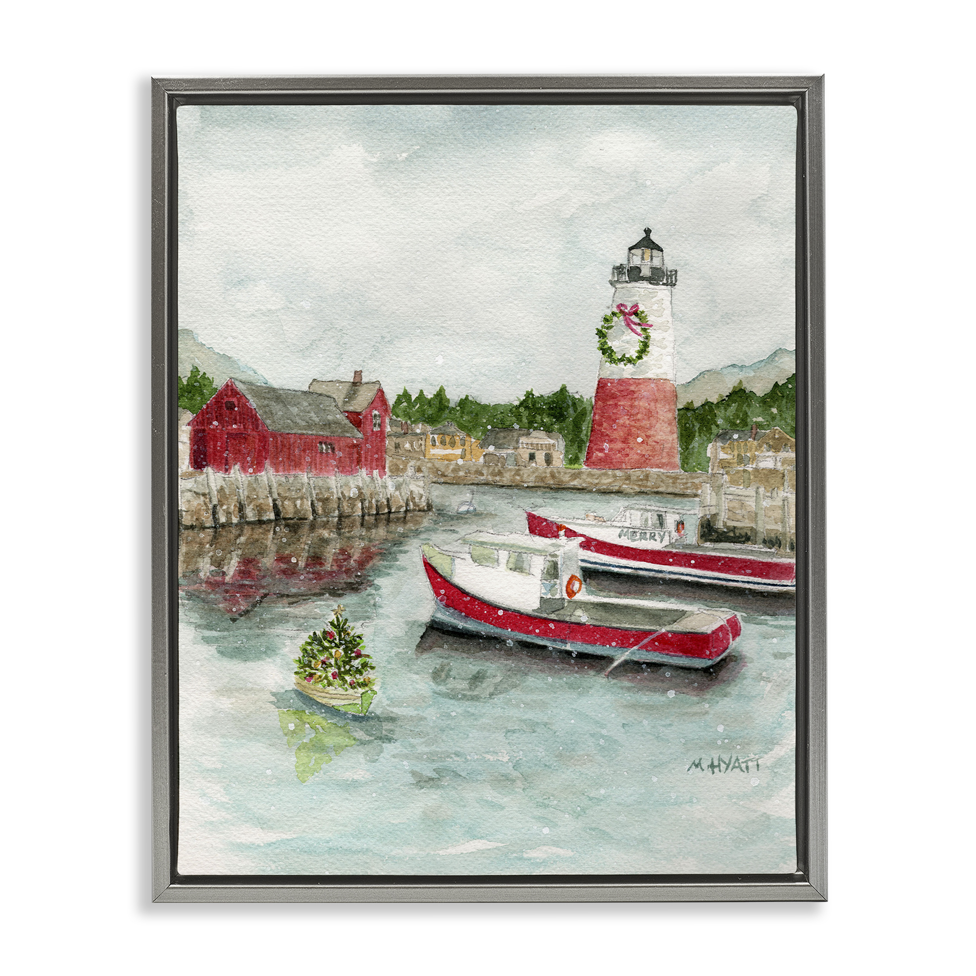 Stupell Industries Coastal Christmas Harbour Holiday Painting Gray Floater Framed Art Print Wall Art, 17 x 21