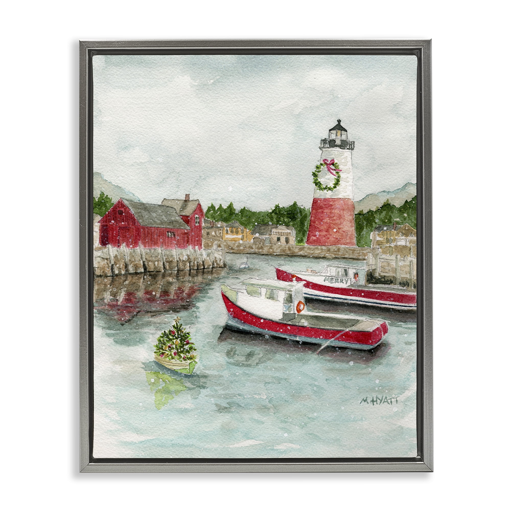 Stupell Industries Coastal Christmas Harbour Holiday Painting Gray Floater Framed Art Print Wall Art, 25 x 31