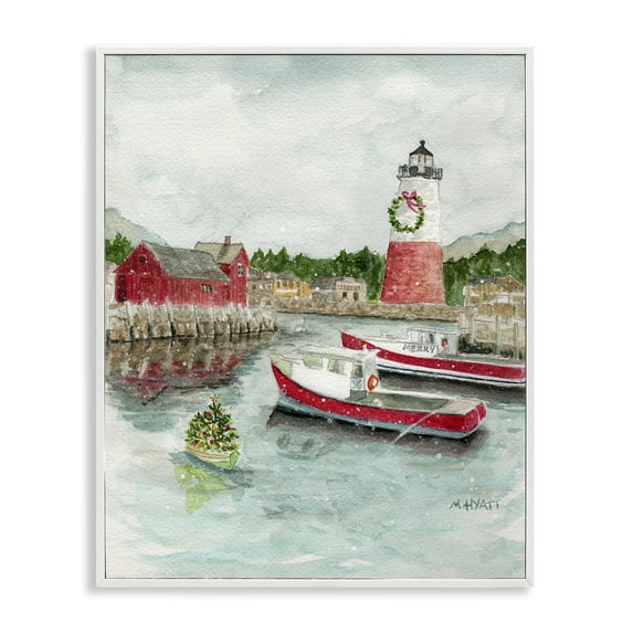 Stupell Industries Coastal Christmas Harbour Holiday Painting White Framed Art Print Wall Art, 16 x 20
