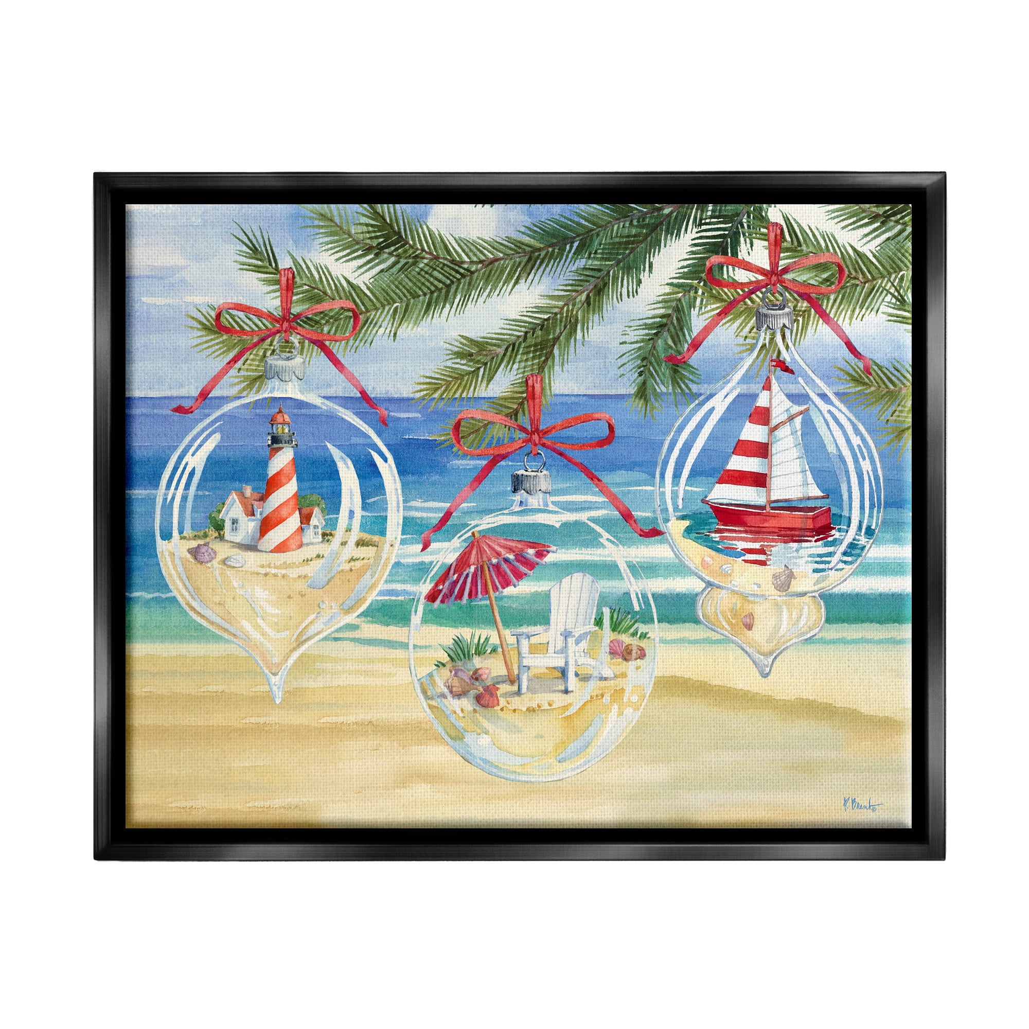 Stupell Industries Coastal Christmas Ornaments Holiday Painting Black Floater Framed Art Print Wall Art, 31 x 25
