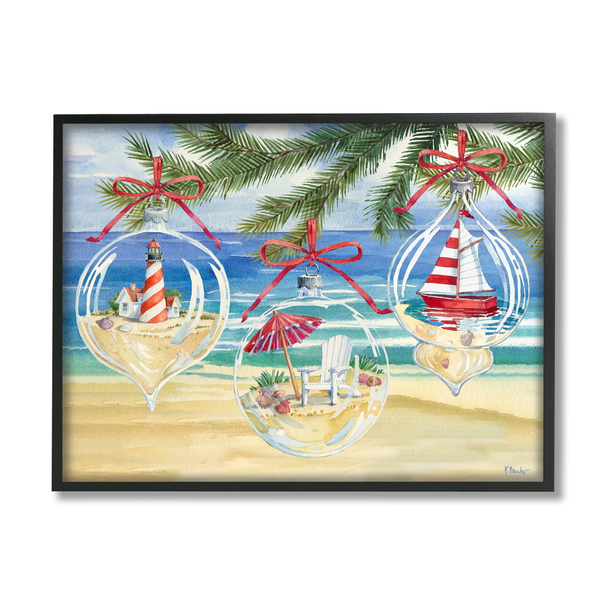 Stupell Industries Coastal Christmas Ornaments Holiday Painting Black Framed Art Print Wall Art, 30 x 24