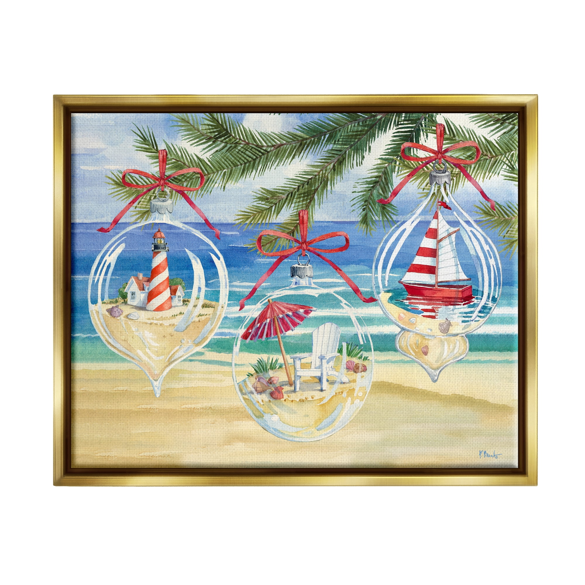 Stupell Industries Coastal Christmas Ornaments Holiday Painting Gold Floater Framed Art Print Wall Art, 21 x 17