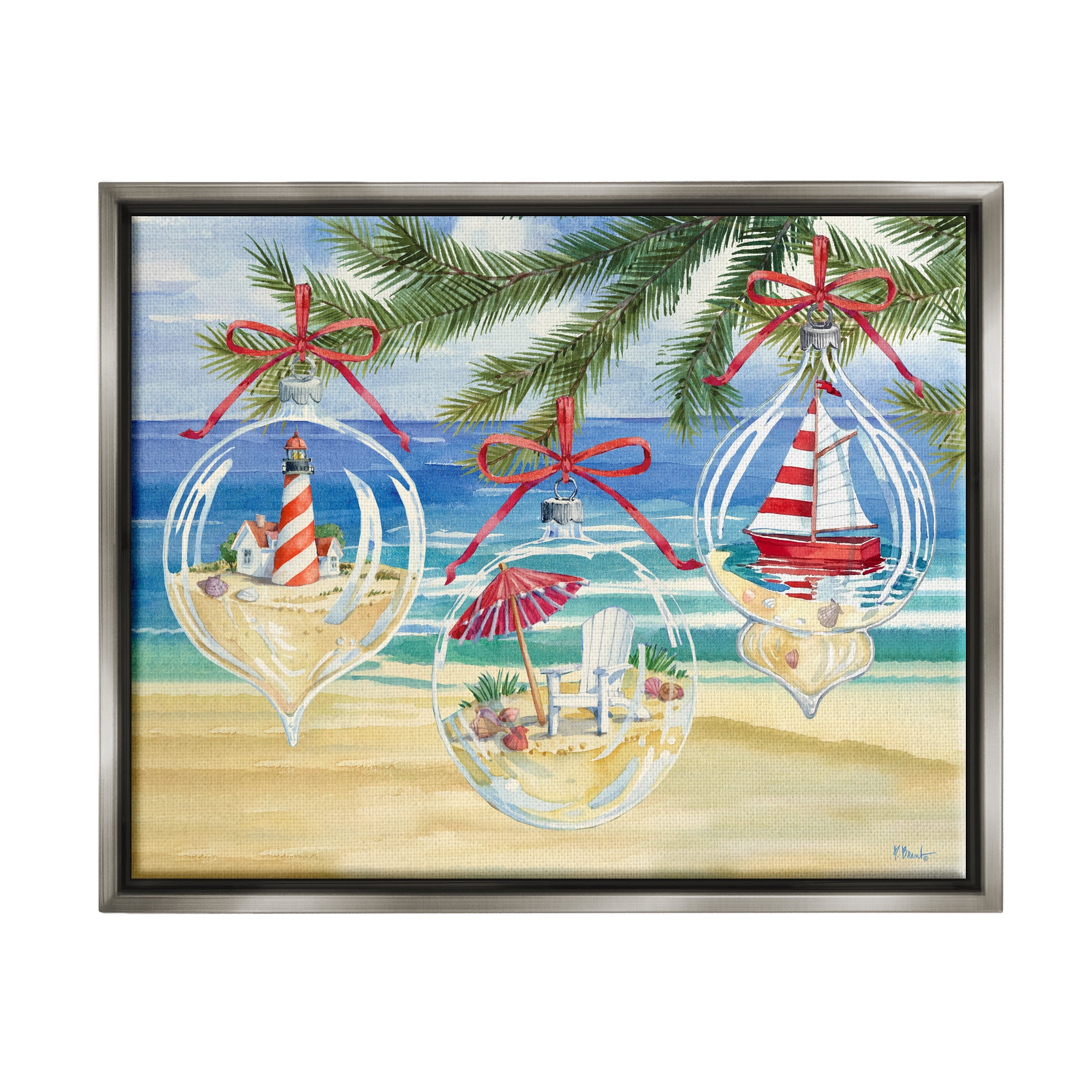 Stupell Industries Coastal Christmas Ornaments Holiday Painting Gray Floater Framed Art Print Wall Art, 21 x 17