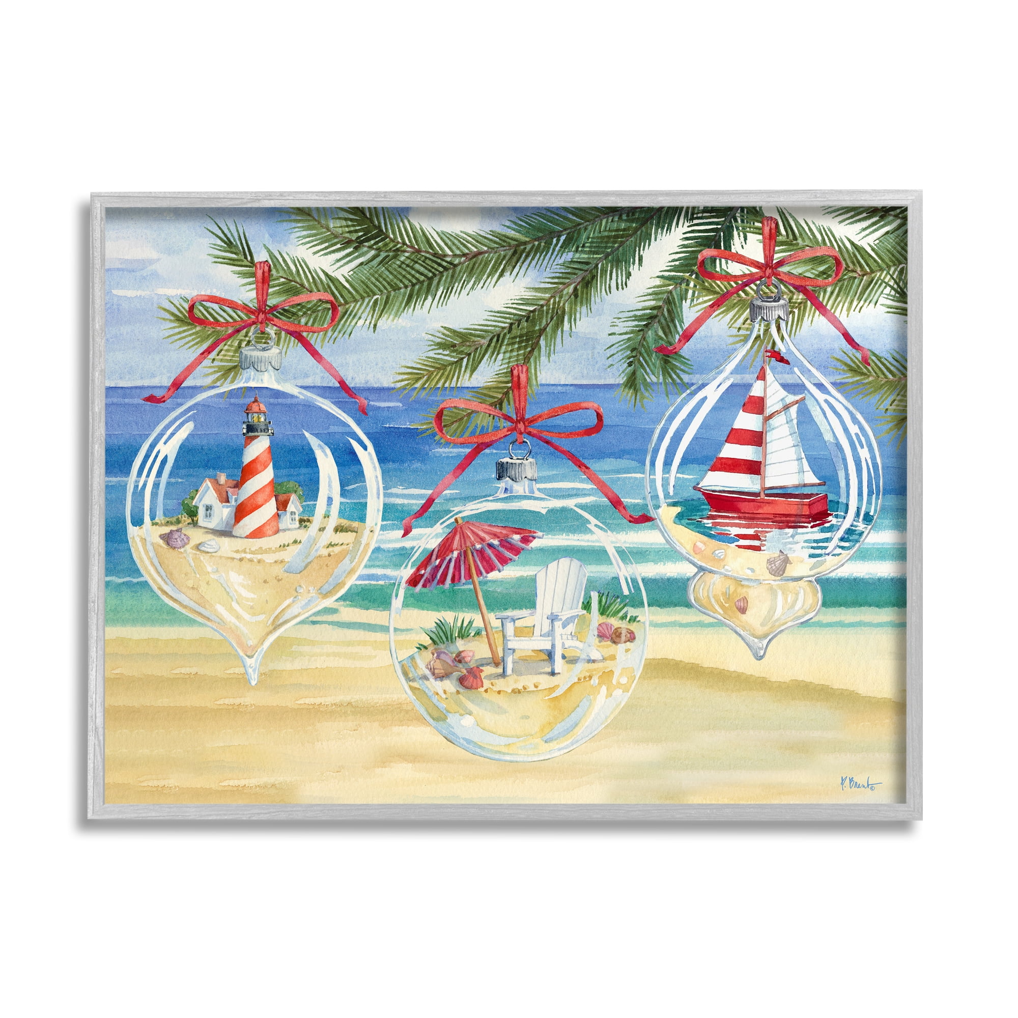 Stupell Industries Coastal Christmas Ornaments Holiday Painting Gray Framed Art Print Wall Art, 14 x 11
