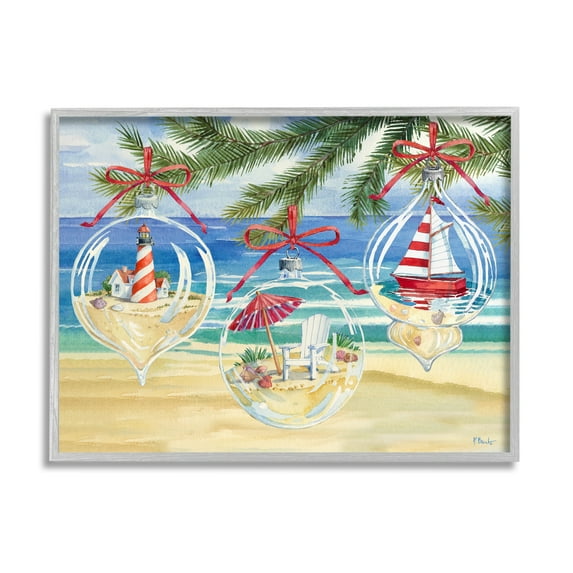 Stupell Industries Coastal Christmas Ornaments Holiday Painting Gray Framed Art Print Wall Art, 20 x 16