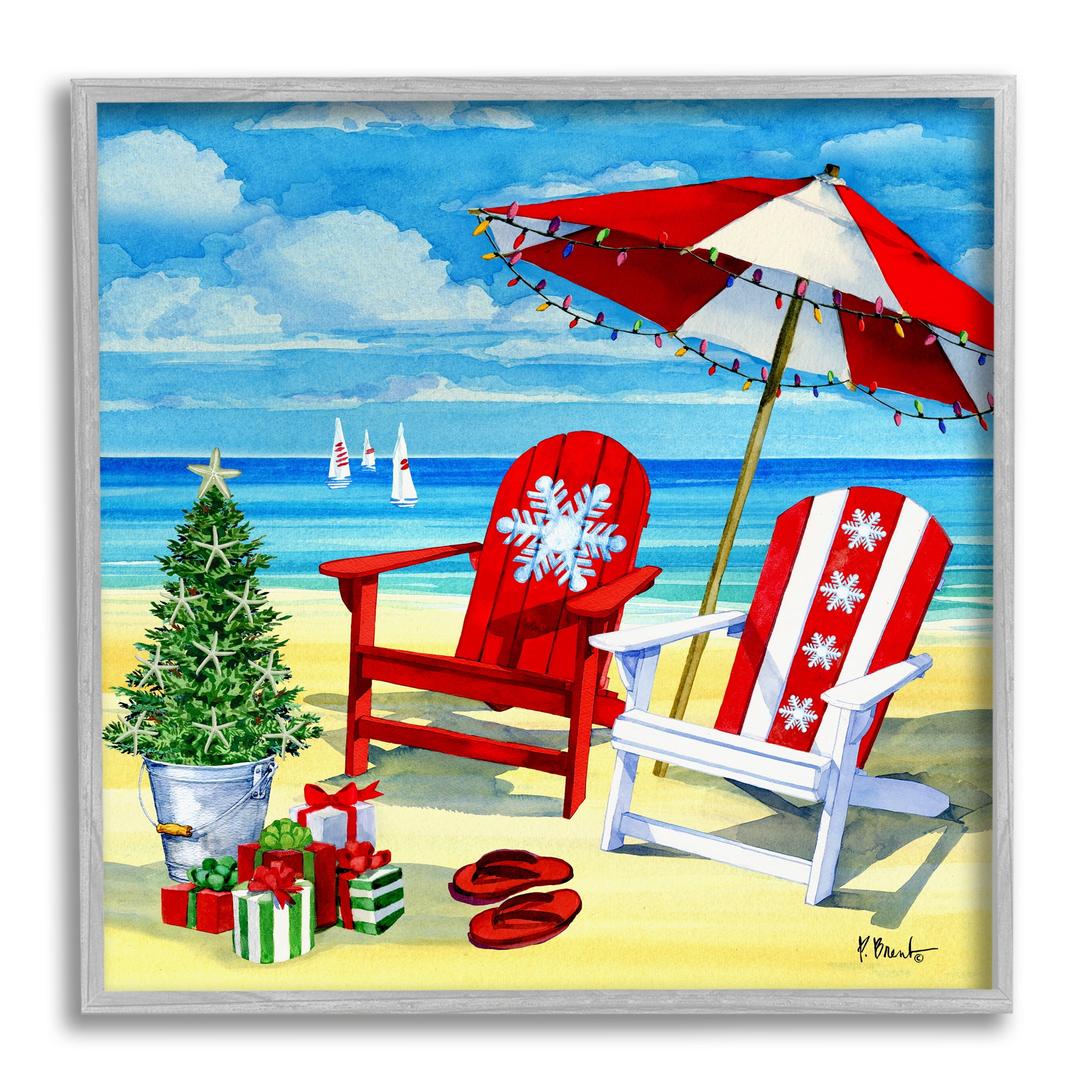 Stupell Industries Coastal Christmas Scene Holiday Painting Gray Framed Art Print Wall Art, 17 x 17