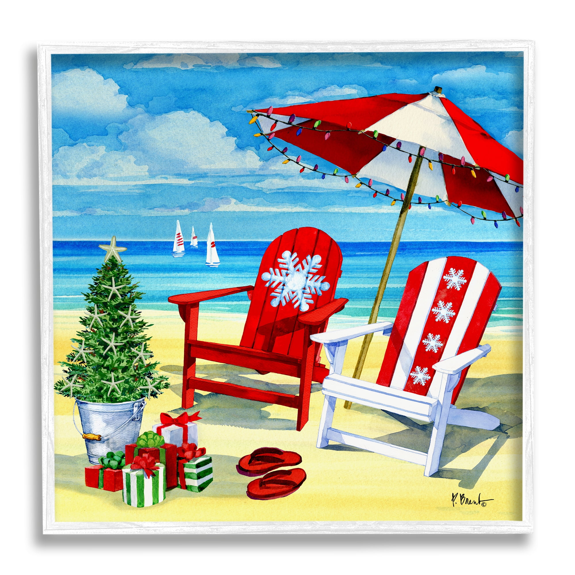 Stupell Industries Coastal Christmas Scene Holiday Painting White Framed Art Print Wall Art, 17 x 17